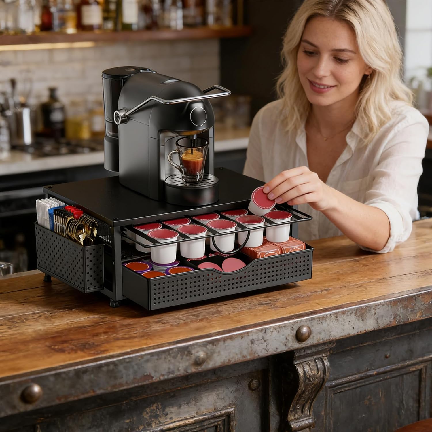 Metal Coffee Single Serve Cup Holder Featuring Smooth Drawers for Neat Arrangement of 26 or 48 Portions in Kitchen or Work Area Plain Coffee Medication Storage