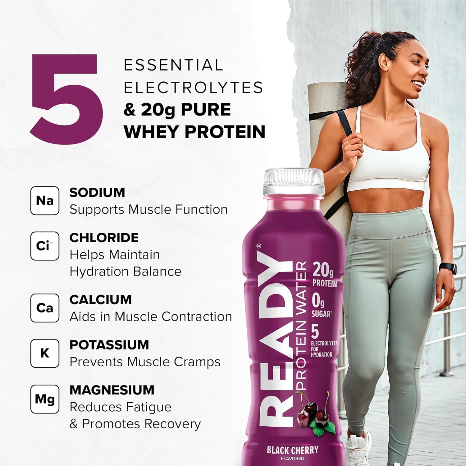 Ready® Clear Protein Water - 20g Whey Protein Isolate, Zero Sugar, Low-Calorie Sports Drink for Hydration & Recovery - Electrolytes, Essential Amino Acids - 8CT Total - 4CT Black Cherry x2, 16.9 fl oz Bottles
