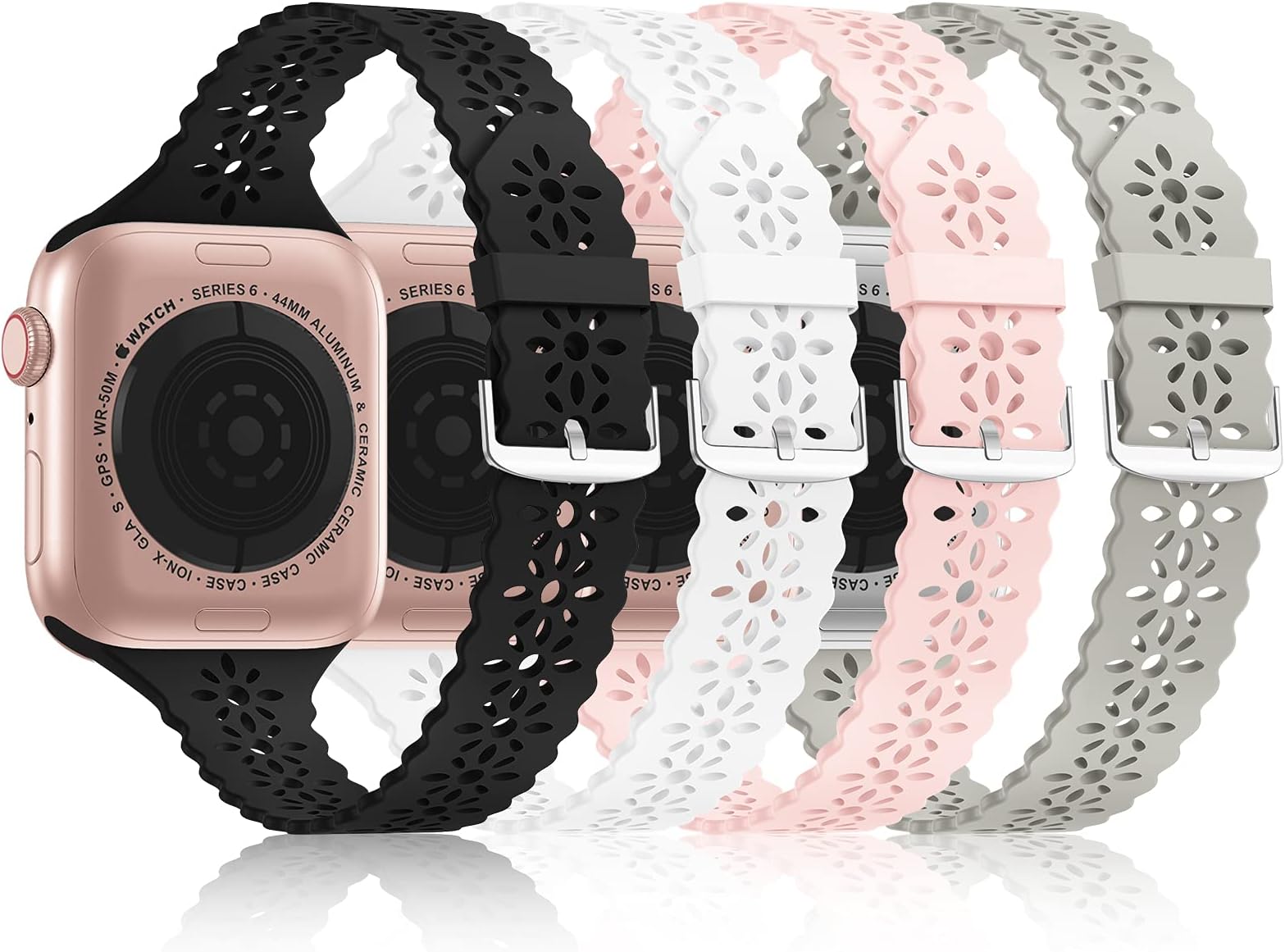 Bandiction 4 Pack Lace Silicone Bands Compatible with Apple Watch Bands 38mm 40mm 41mm 42mm 44mm 45mm 46mm 49mm, Women Slim Thin Hollow-out Wristband for iWatch Series 11 10 9 Ultra 8 SE 7 6 5 4 3 2 1