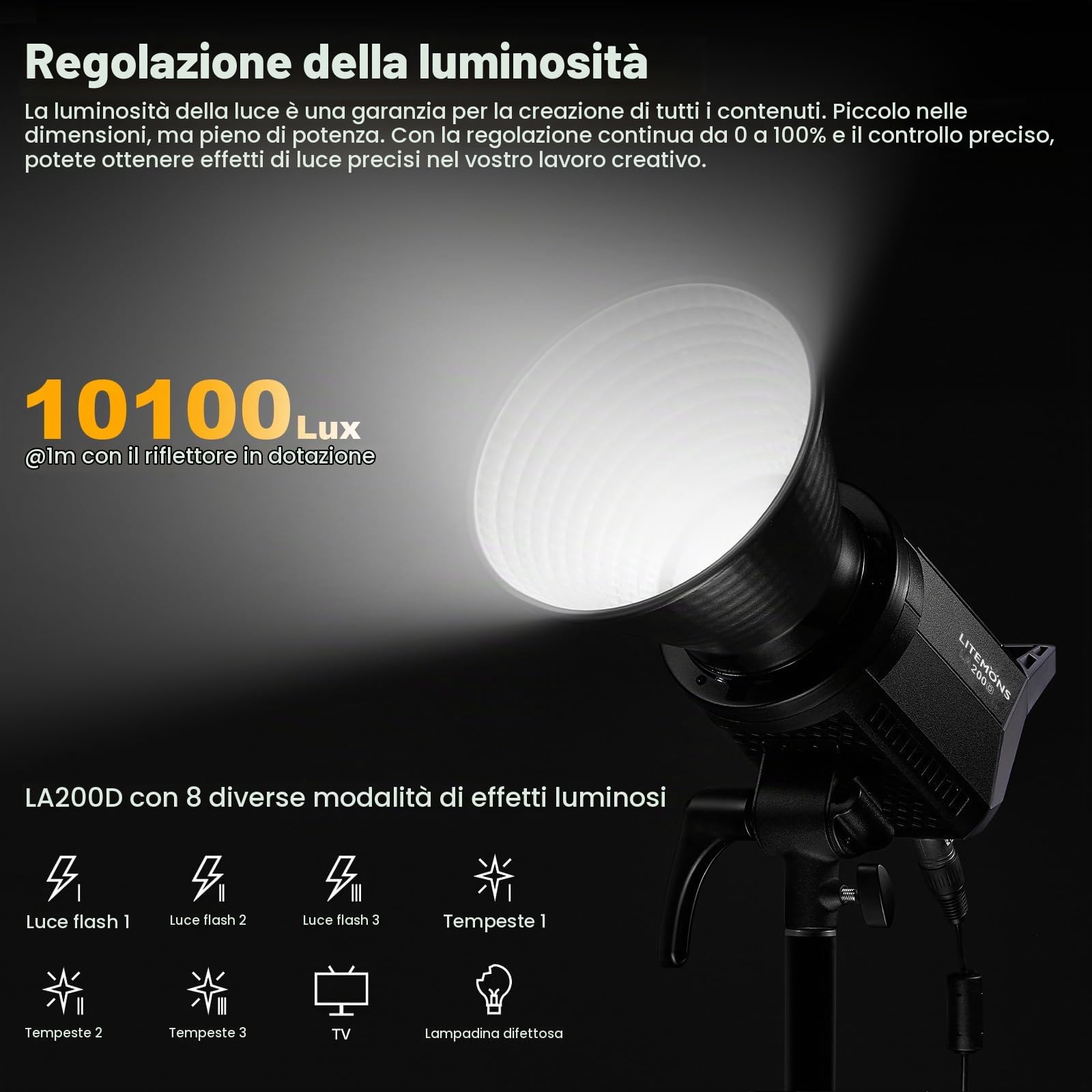 Godox Litemons LA200D Luce Video Led 230W,Daylight Continuous Output Light 5600K CRI 96+ TLCI 97+,101000lux con 8 effetti FX Bowens Mount e controllo APP per Livestreaming, video, Youtuber, Studio