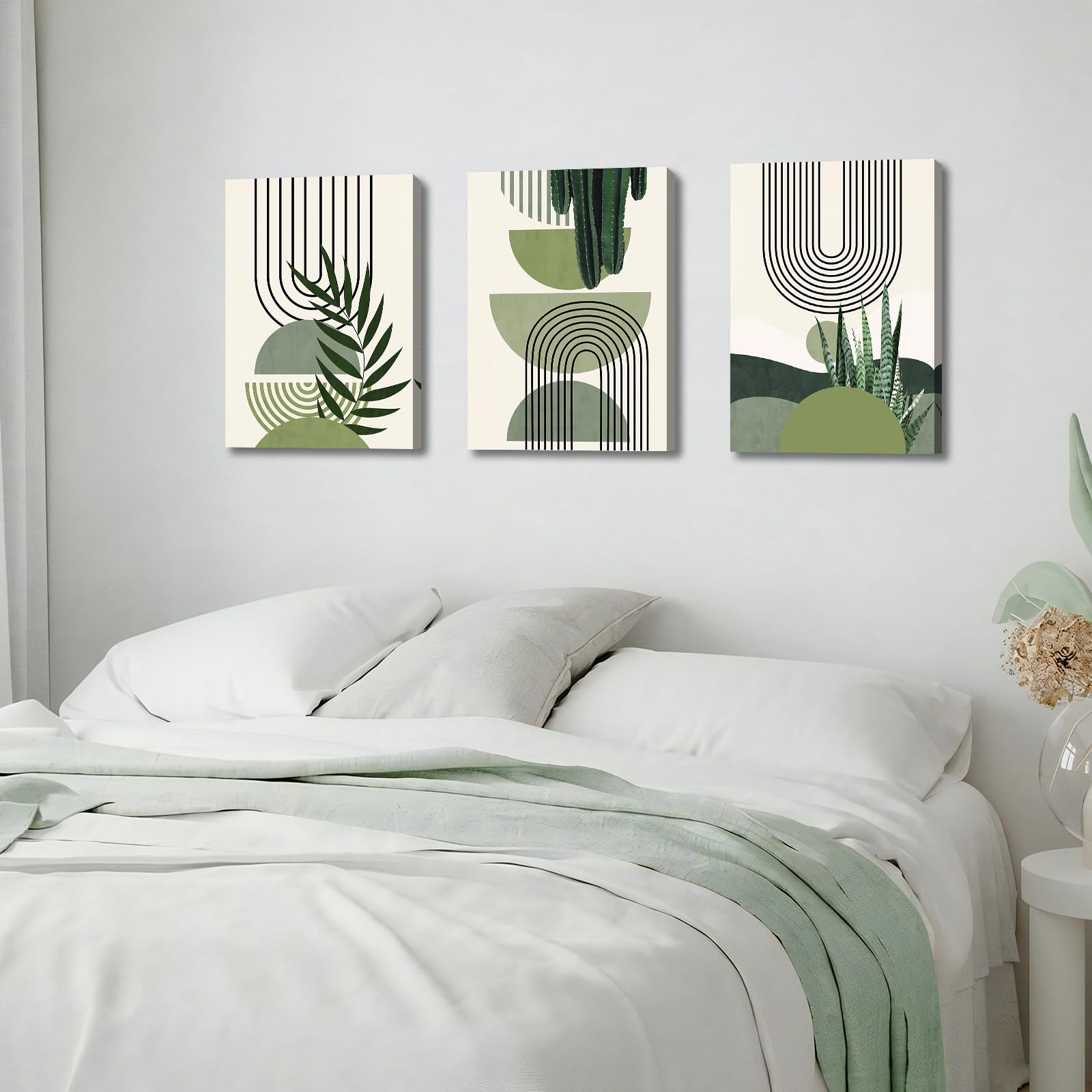 3 Pcs Wooden Framed Canvas Wall Art Set Bohemian Sage Green Canvas Prints Poster Geometric Line Beige Green Pictures for Living Room Bedroom Dinning Room Hallway Stairs Wall Decor 30x40cm x3pcs — view 123