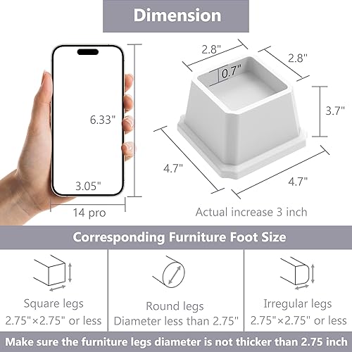 Miniatura 2 de Elevadores de cama de 3 pulgadas, elevadores de muebles de cama resistentes, elevadores de 1,500 libras para sofá y mesa, juego de 4, color blanco