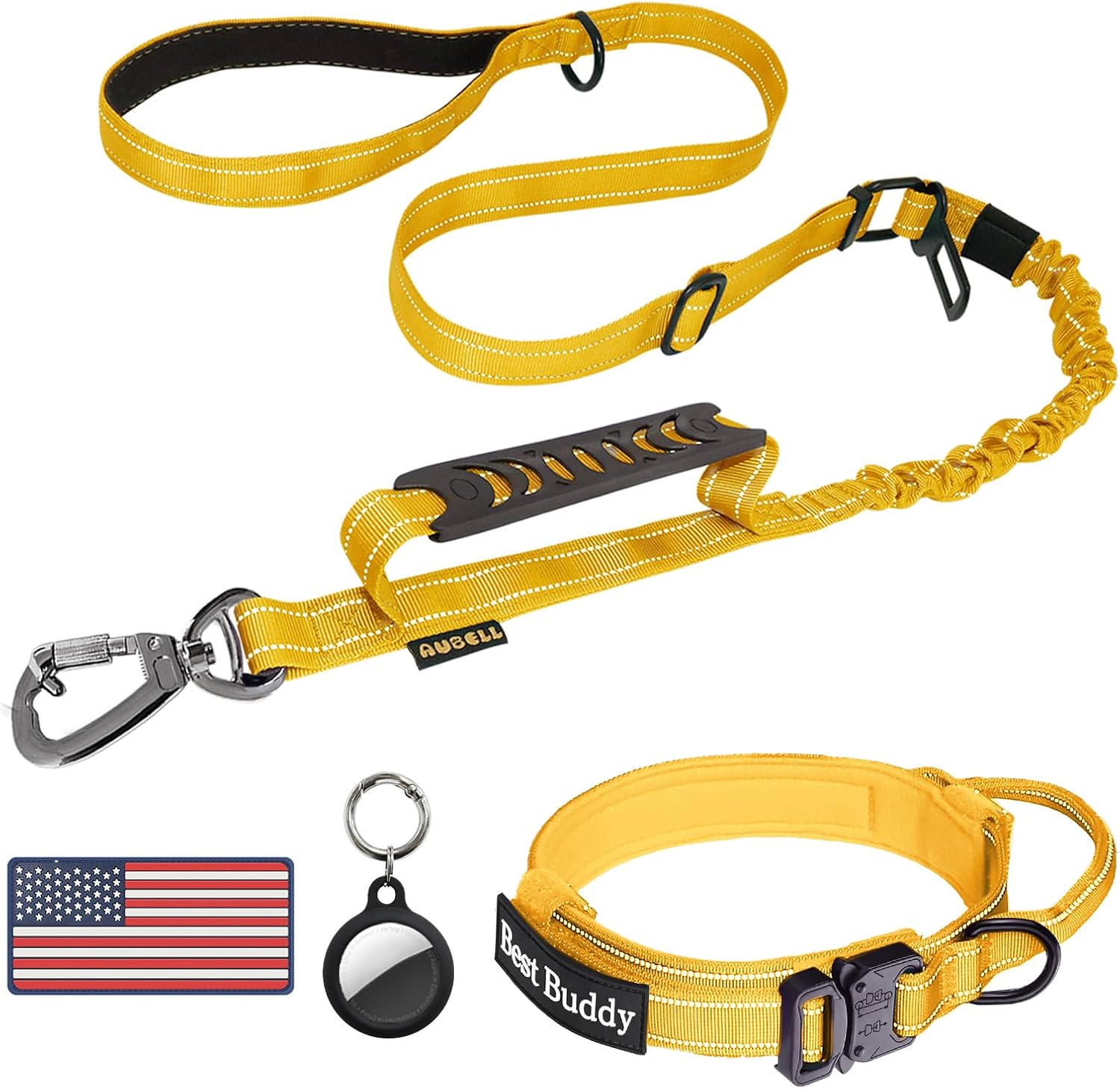 AUBELL Tactical Dog Collar and Leash Set for Medium Large Dogs(Yellow M)