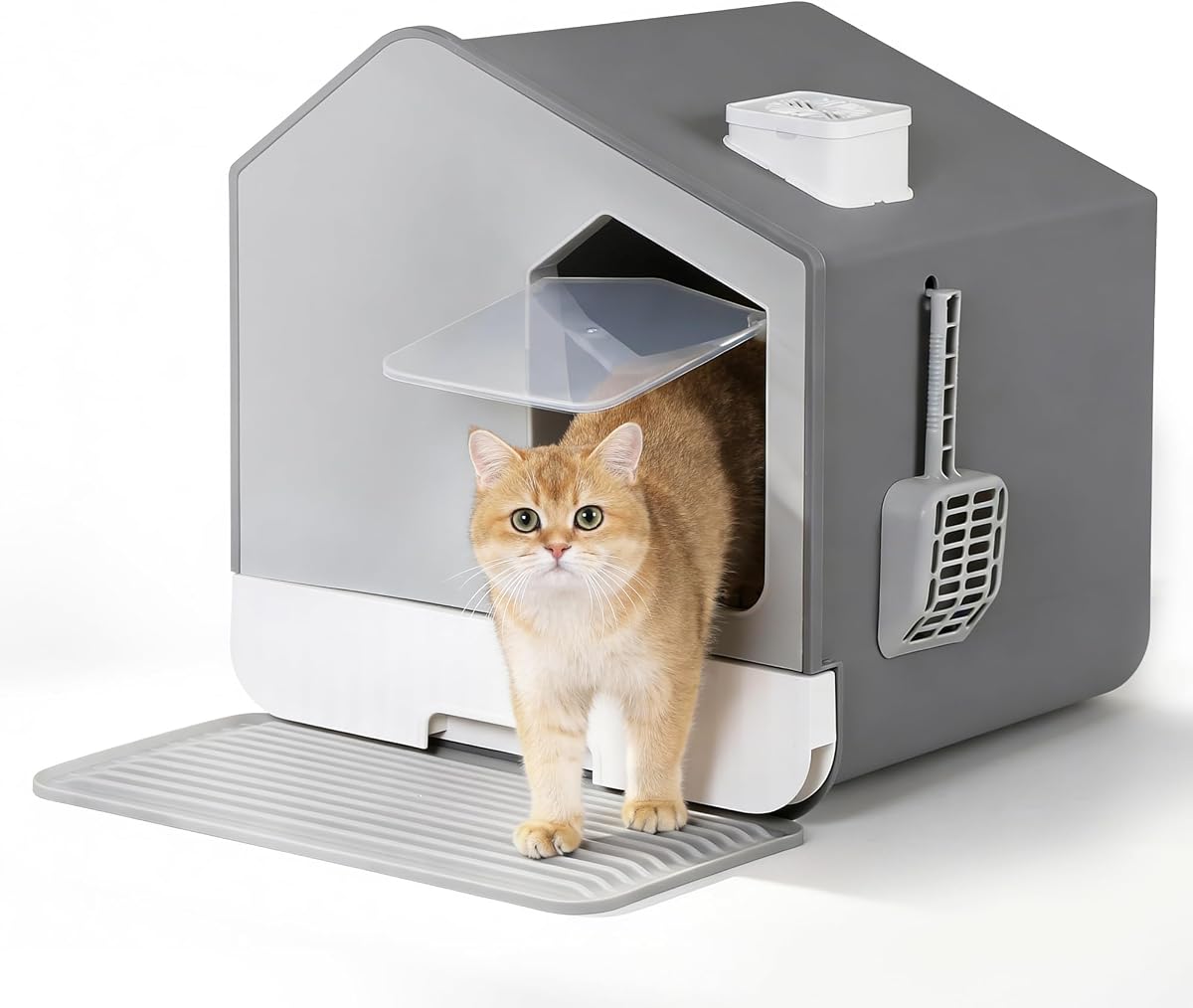 Large Enclosed Cat Litter Box with Mat and Litter Scoop Covered Cat Litter Pan, Odorless Toilet Anti-Splashing Kitty Pan, Gray