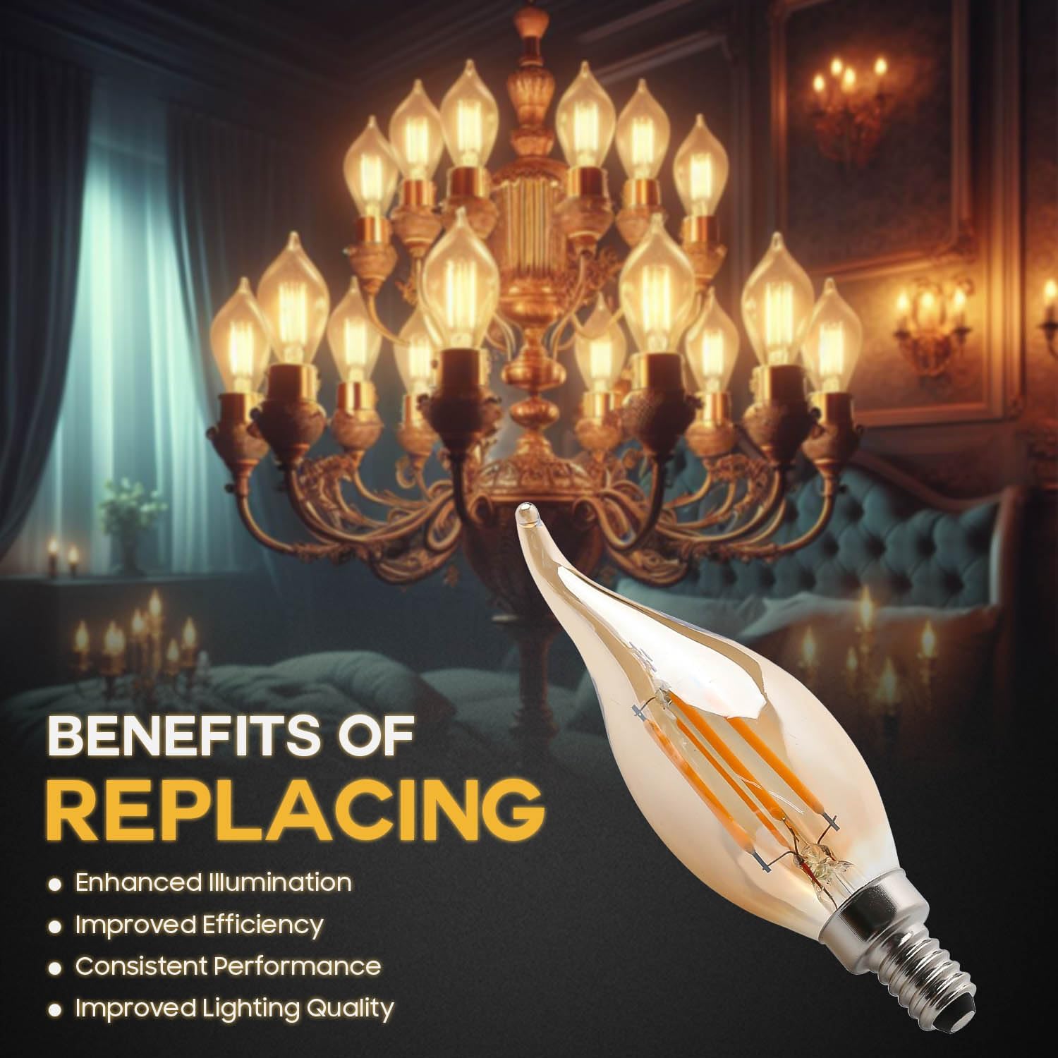 Seentech 6 Pack Dimmable Warm Amber CA10 C35 LED Candelabra Bulbs 2700K - Flame Tip, E12 Base, 4W (40W Eq.), 400lm - Decorative Bulb for Chandeliers, Sconces, Decorative fixtures