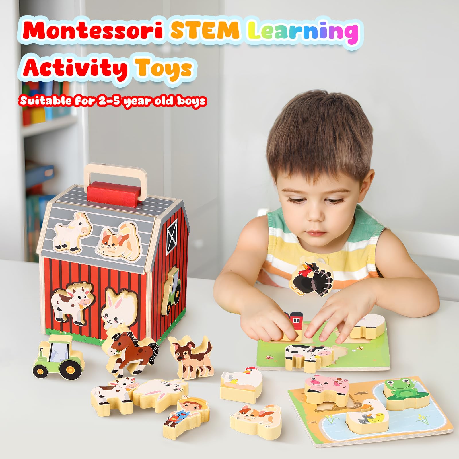 TOYANDONA 1 Set di Giocattoli di Animali da Fattoria con Fienile: Figure di Animali da Fattoria Montessori in Legno con Forma di Fienile, Giocattolo Educativo Portatile per Bambini Dai 3 Anni in su