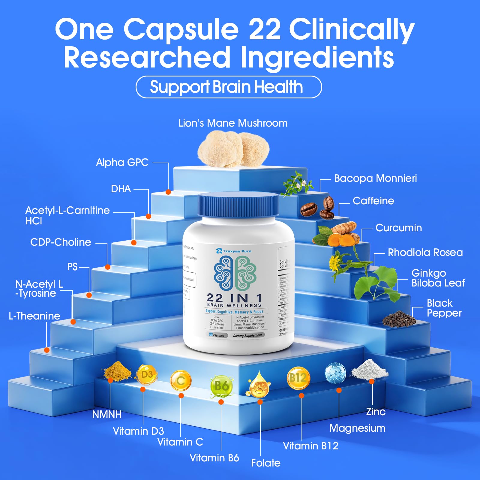 Brain Supplements for Memory and Focus - 22-in-1 Brain Supplement with Alpha GPC, Citicoline, Vitamin B12, Bacopa, Lion’s Mane, DHA - Brain Health for Clarity, Energy & Cognitive Support, 90 Count — Amazon image 5