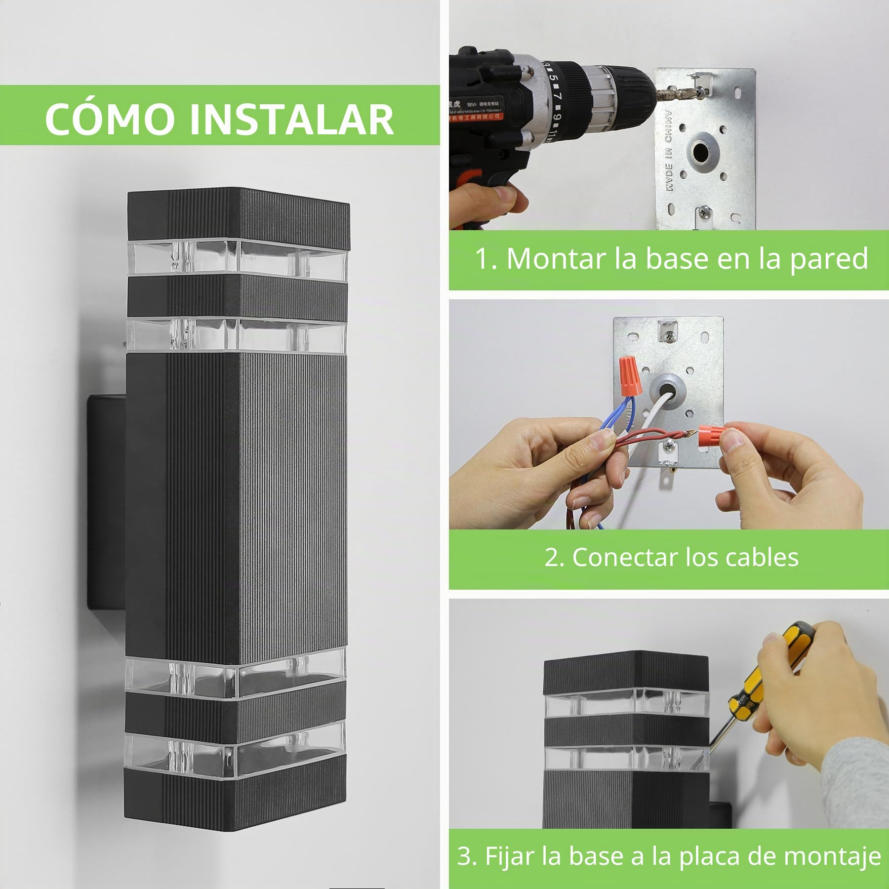 CANMEIJIA Aplique pared Exterior, luces de pared para exteriores IP65, impermeables, luces exteriores, luz de porche, lámpara de puerta delantera, moderna, aluminio negro, 3000K, incluye 4 * 6 W GU10