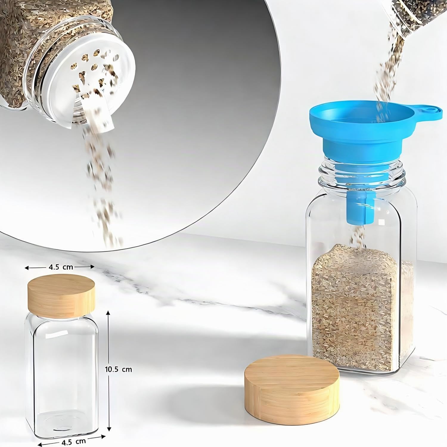 Lot de 24 pots à épices carrés avec couvercle, 120 ml avec 340 étiquettes, pots à épices avec entonnoir avec saupoudrer, autocollants vides, tamis (24) (24 bamboo)
