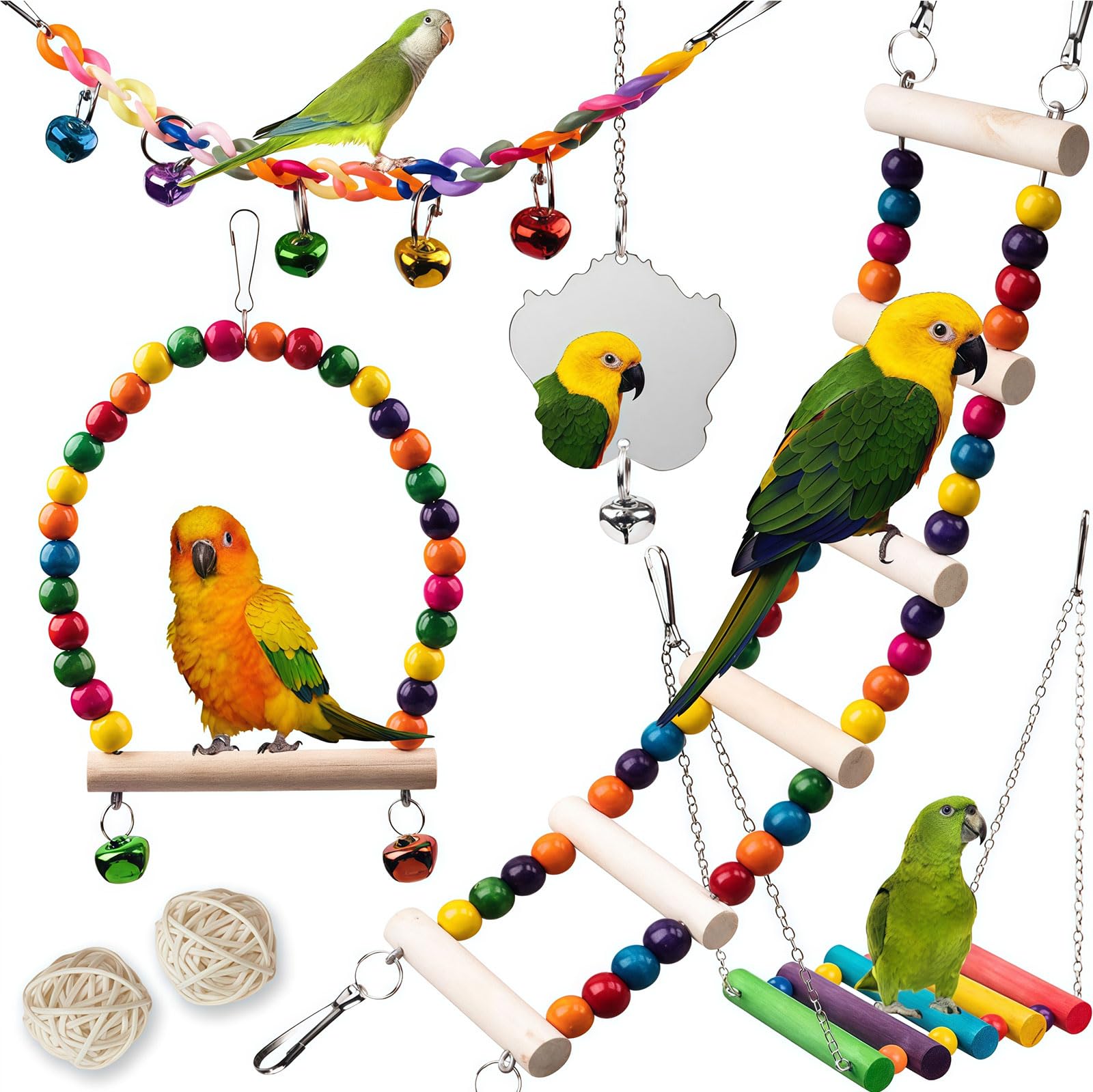 Bafutayawa 7-Piece Budgie Toy Set Natural Wood, Bird Cage Accessories with Swing & Ladder, Parrot Toy for Indoor Aviary - Colourful