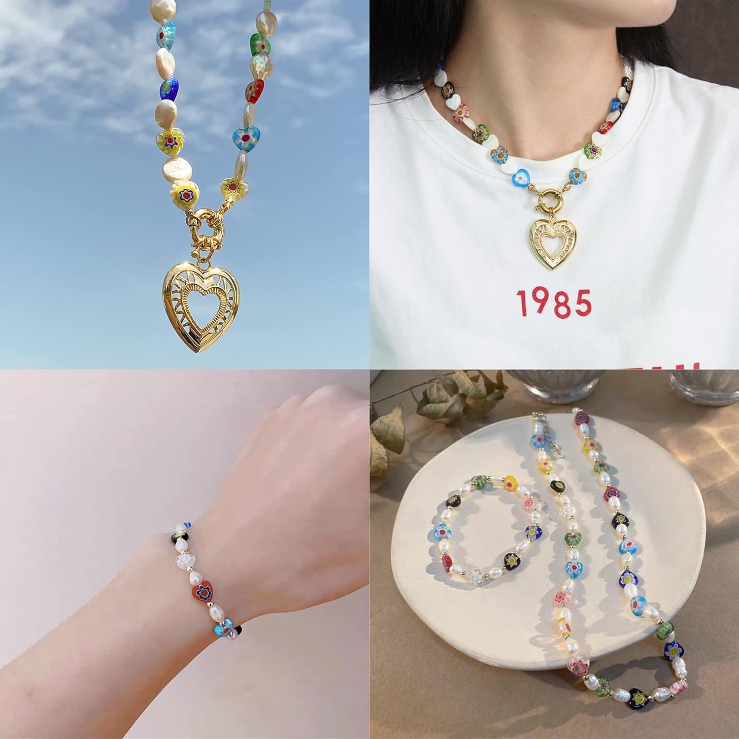 COIRIS 90 Pcs 2 Strands Millefiori Lampwork Beads 8mm Heart-Shaped Multi-Colored Flower Glass Flat Beads for Jewelry Necklace Bracelet Earrings DIY Making(GB-QH-1002) - Image 5