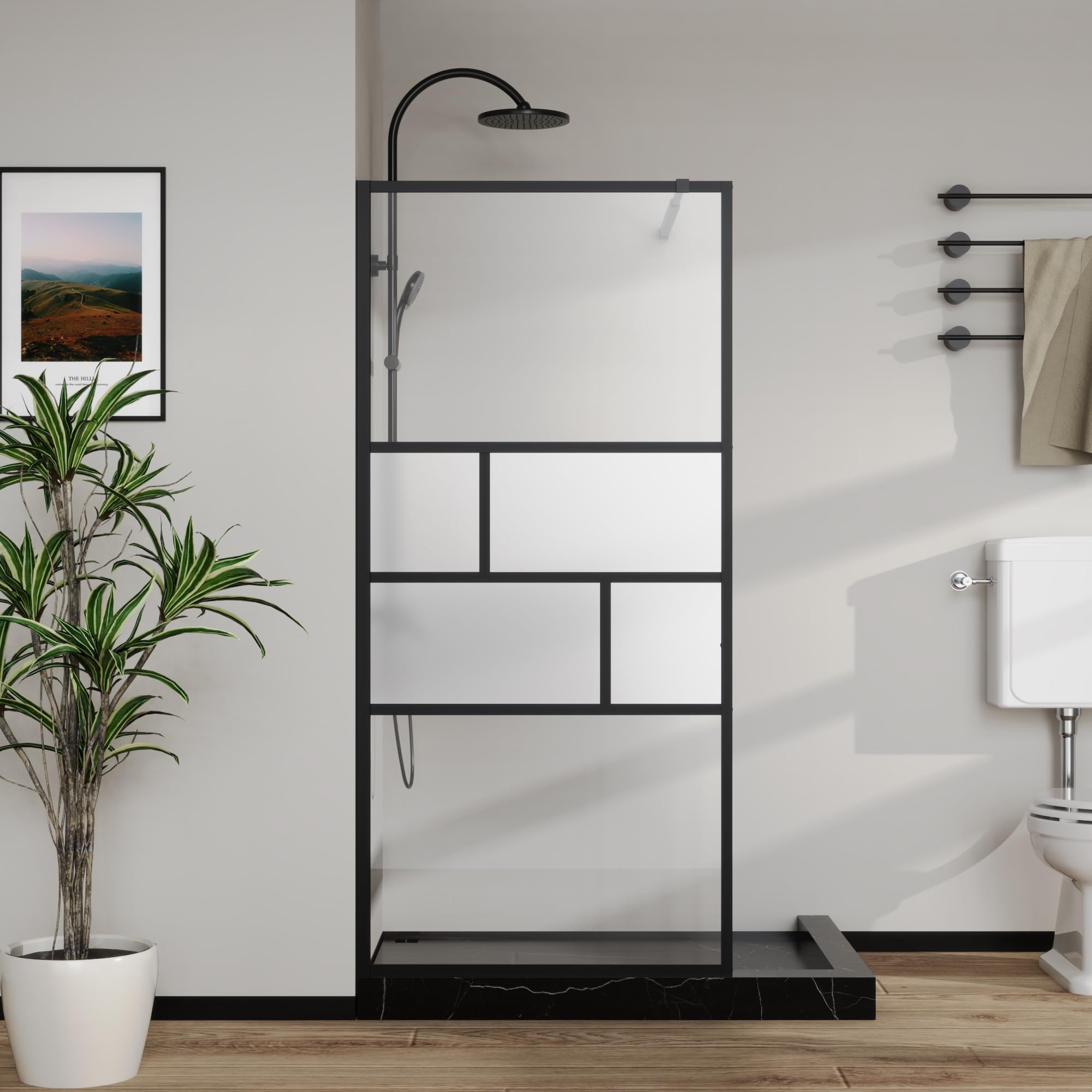 Goodyo 34” X 72” Shower Door Tempered Glass Framed Shower Screen Panel for Walk-in Bathroom Matte Black Finish, Middle Glass Frosted Pattern, 3-Pieces Glass