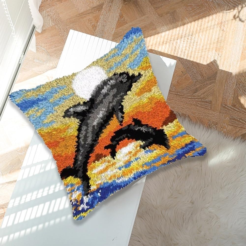 JILIP Kit Ganci di Chiusura per Adulti, Set di Tartarughe con Copertura per Cuscino Delfino Marino Fai da Te, Kit Artigianali per Federa per Cuscino in Filato per Divano, 17 * 17" (Color : Dolphin)