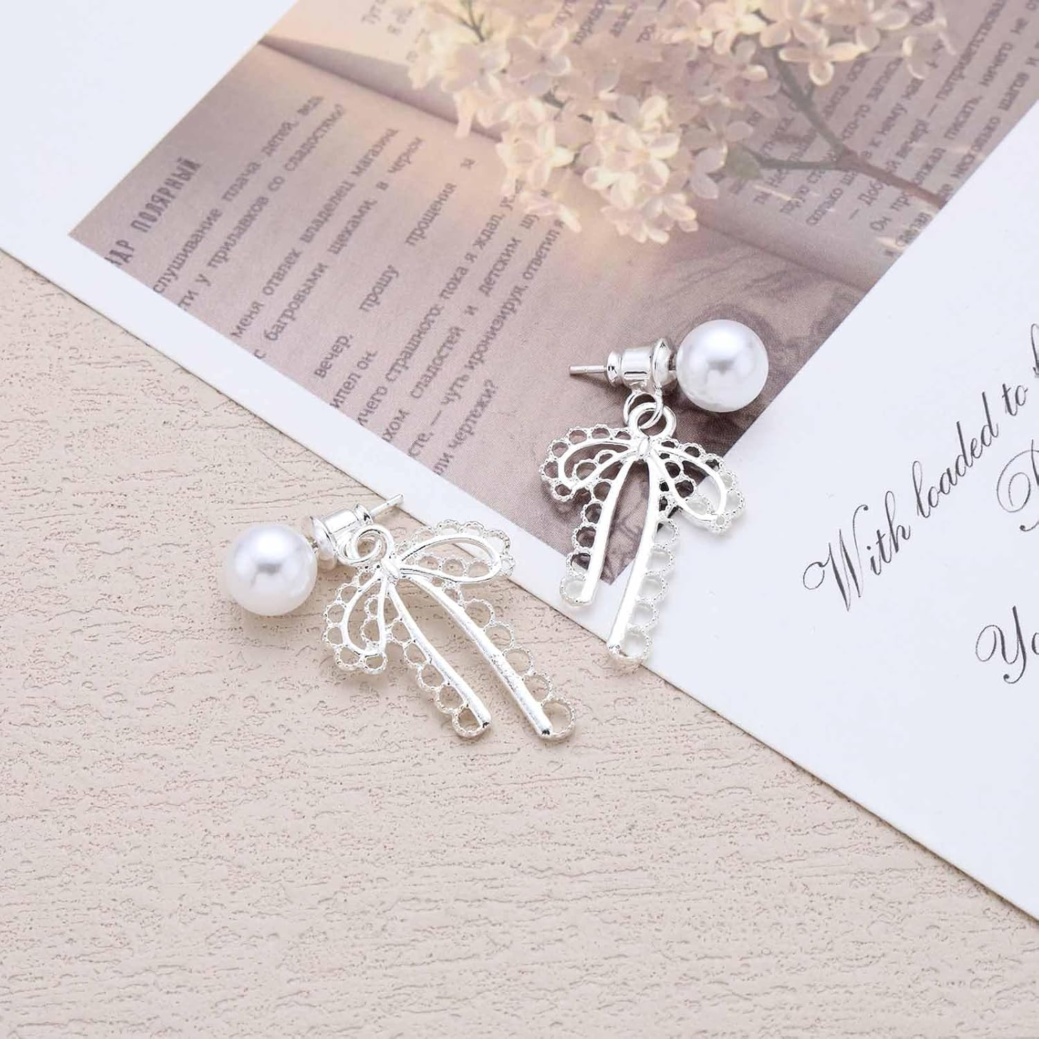 Vintage Hollow Bow Dangle Earrings Boho Pearl Ear Jacket Earrings Open Bow Floating Pearl Stud Silver Bowknot Drop Jewelry for Women - Image 6