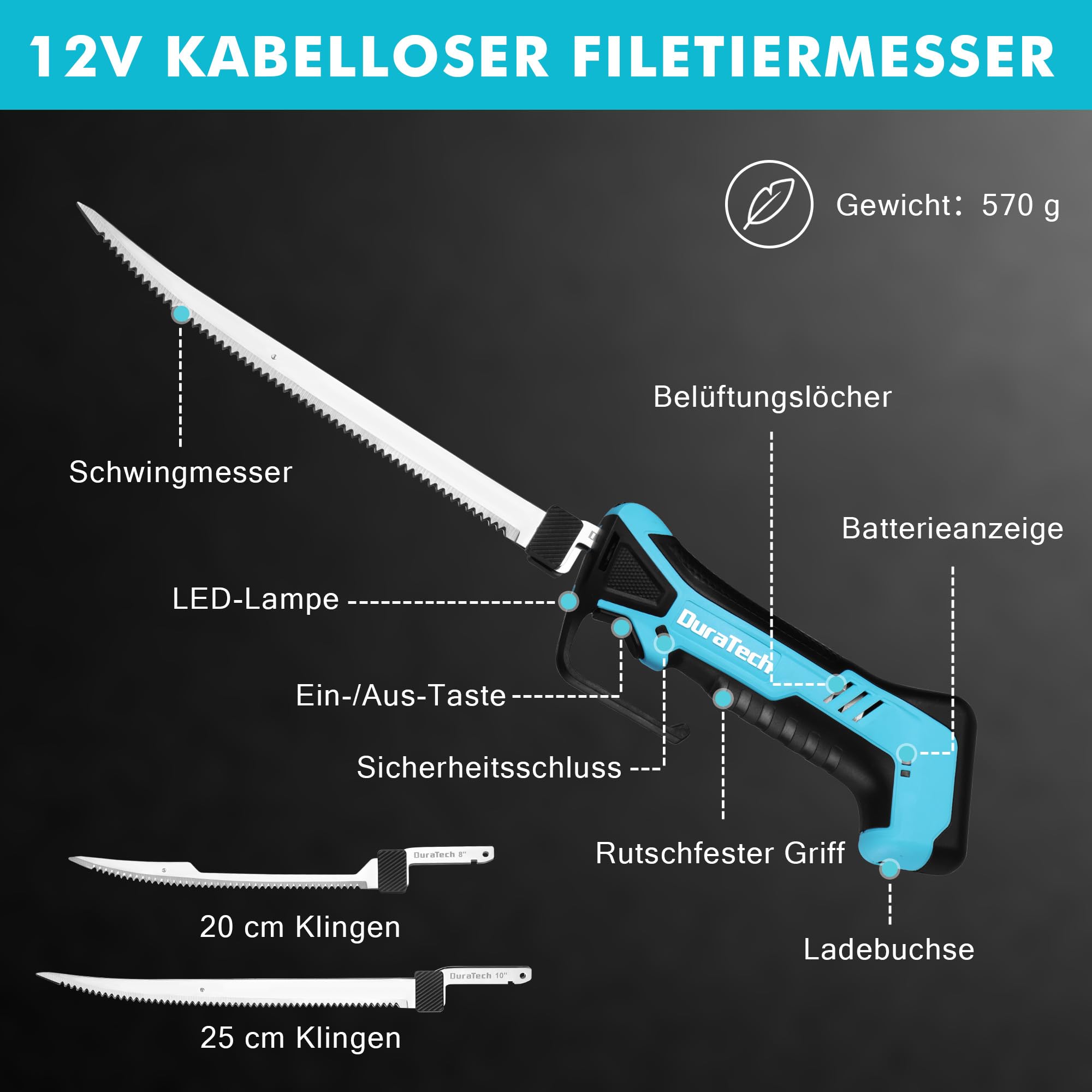 DURATECH Elektromesser Akku Filetiermesser, Kabelloses Fischmesser, 12V Elektrisches Messer Fischfiletiermesser mit 2 Edelstahlklingen, Rutschfestem Griff und Aufbewahrungsbox zum Filetieren von Fisch