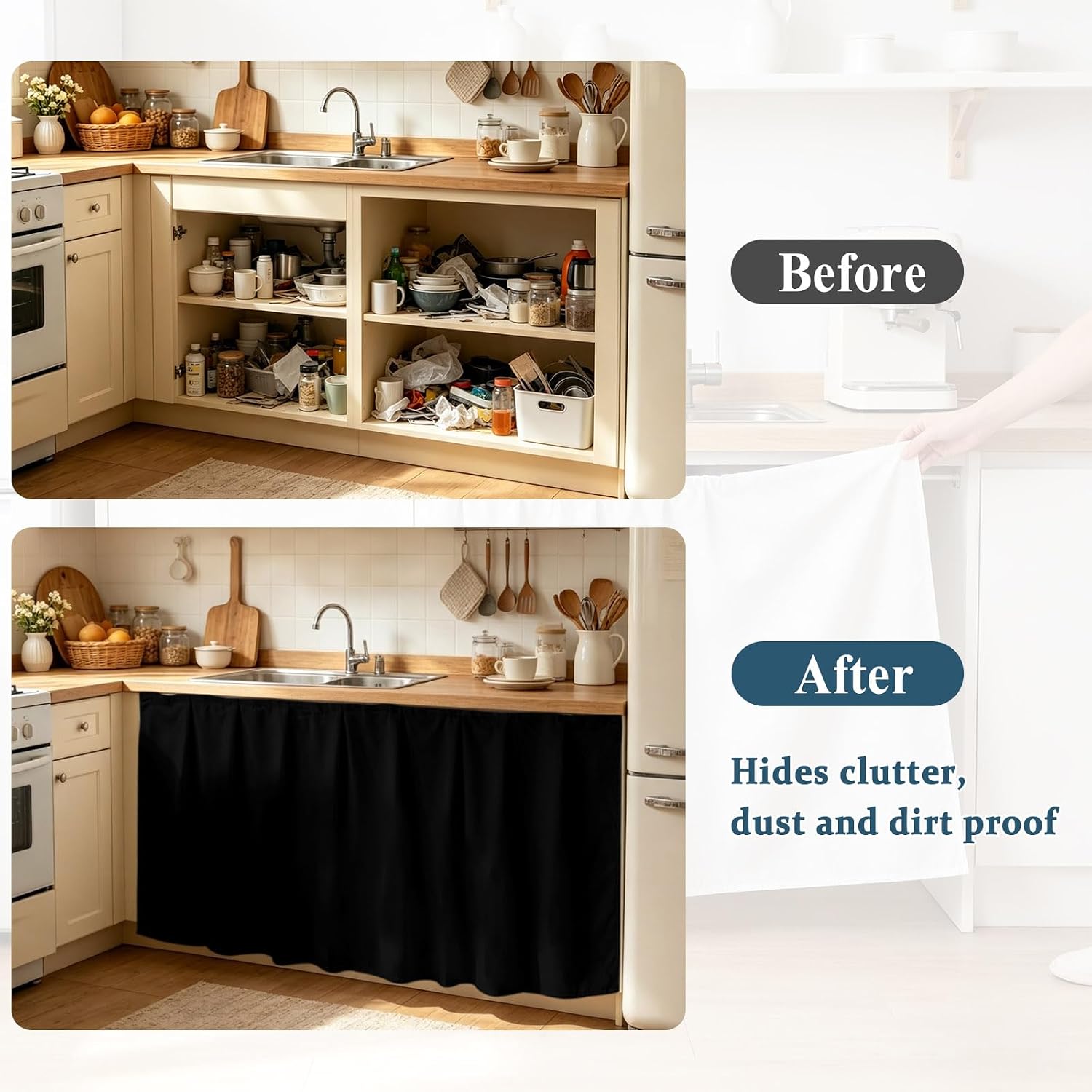 Cabinet Curtains 35" W x 35" L, Black Sink Skirt for Bathroom Vanity Kitchen Self Adhesive, Pure Black Dust-Proof Privacy Curtain for Shelves Closet Laundry Room Pantry
