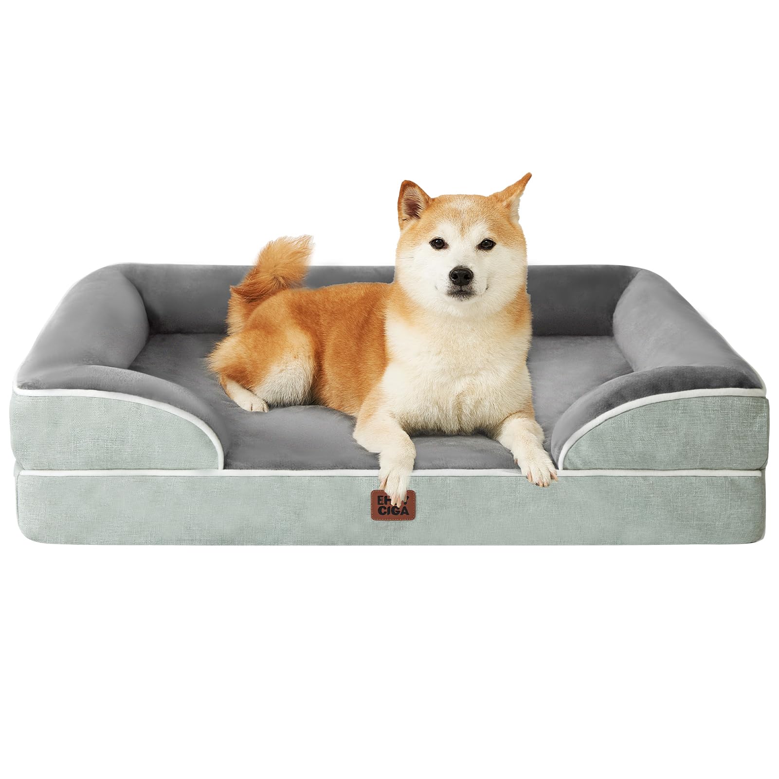 EHEYCIGA Orthopädisches Hundebett Kleine Hunde, 89x56cm, Gräuliches Grün | Orthopädischer Eierkistenschaum, Waschbarer und Wasserdichte Bezug, Rutschfester Boden, Reversibles Design, Atmungsaktiv