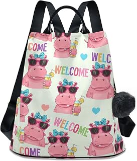 Cute Pink Hippo Aesthetic Anti-Theft Backpack Purse with Cute Pom Keychain | Female Bag Backpack Made of Polyester with Smooth Hardware Zippers, Ensuring Lasting Reliability for Daily Outings