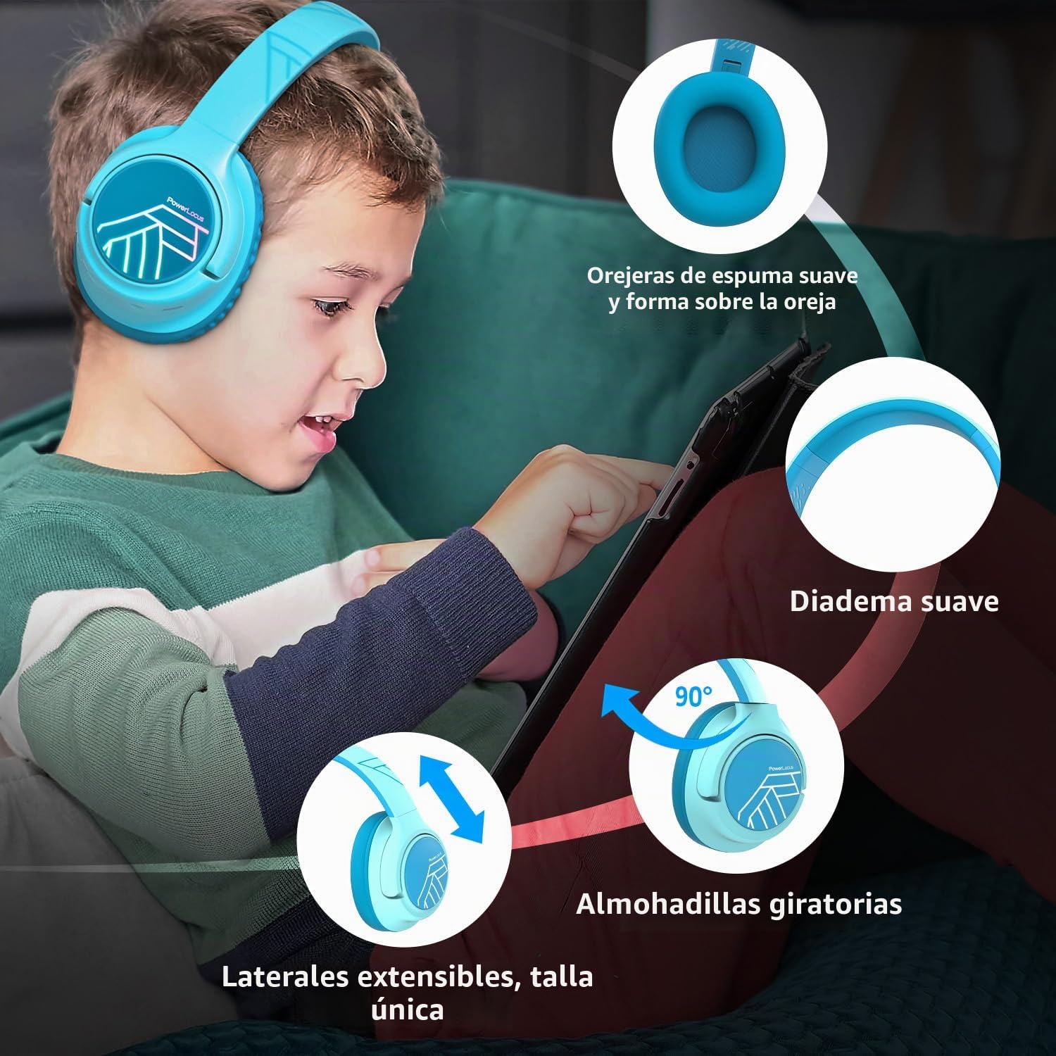 PowerLocus Auriculares de Diadema para Niños, Cascos Bluetooth Inalámbricos, Límite de Volumen de 74/85/94dB, Luces LED de Colores, Micrófono, Plegable, Conecta 2 Auriculares al Dispositivo
