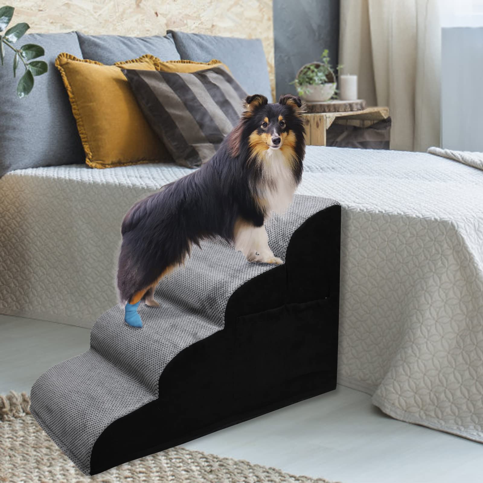LOOBANI Dog Steps, Four Steps Soft Foam Dog Stairs Non-Slip, Pet Stairs ...