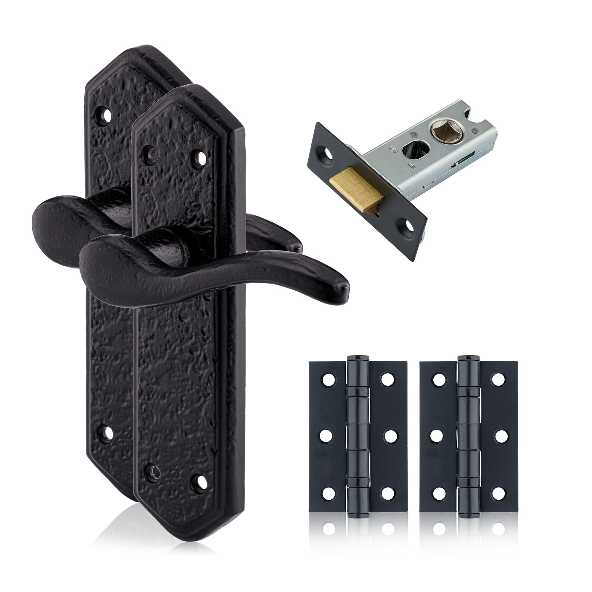 Xfort Black Antique Smithy's Range London Suite Lever Latch Pack Complete Set With Door Handles, 65Mm Tubular Latch And 75Mm Ball Bearing Hinges, Door Handles Set For Internal Wooden Doors.