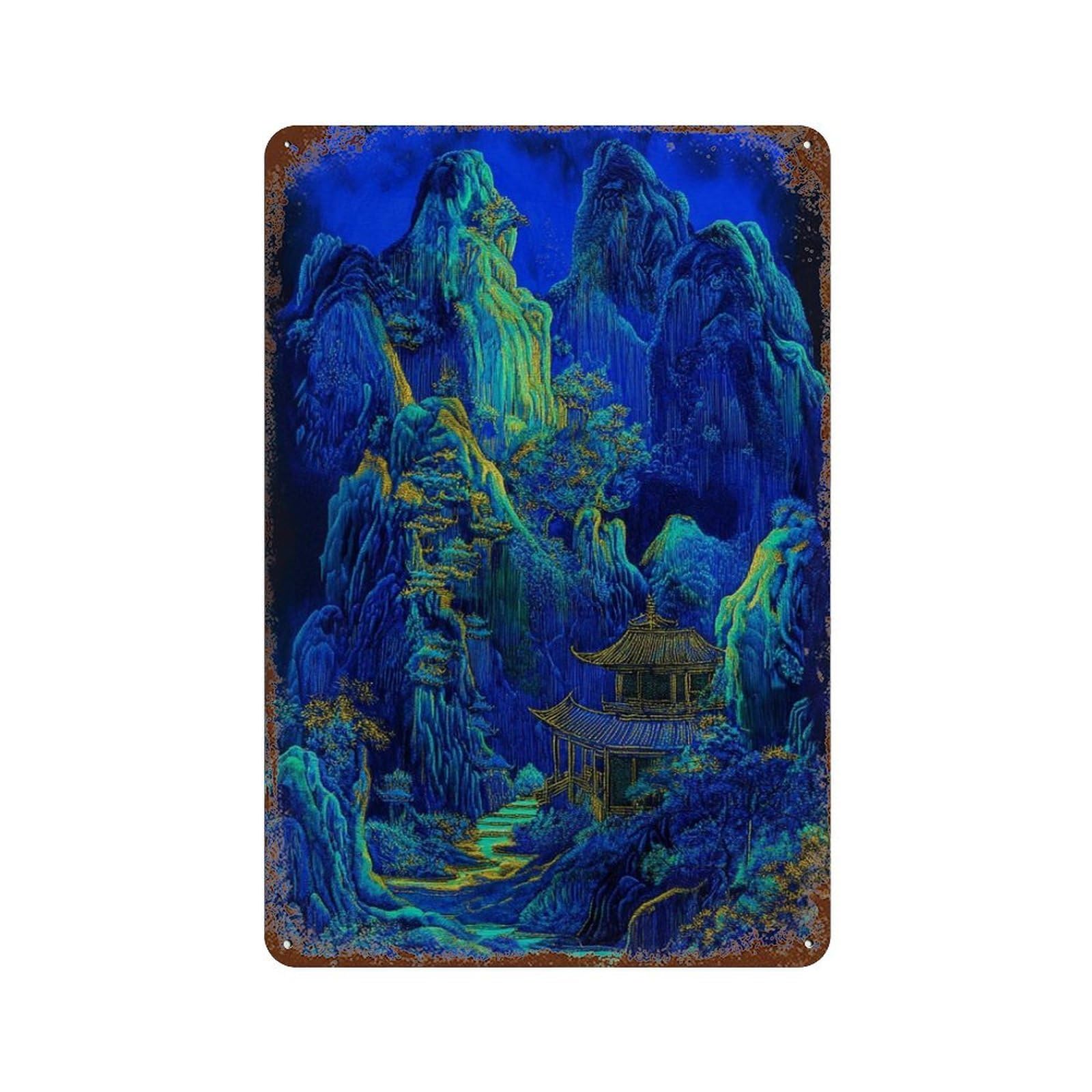 xiaoxiaoshen Midnight Blue Mountain Asian Temple Landscape Luminous Night Nature Wall Decor Art Metal Tin Poster Modern Home Decor Art Home Bar Shop Decorations Vintage Sign 30x20cm