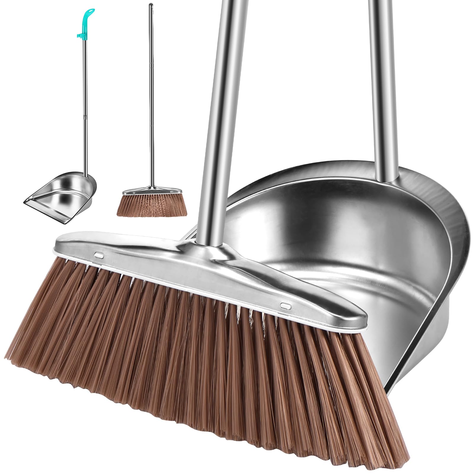 Broom and Dustpan Set Stainless Steel Upright Broom Dustpans with 118cm Long Handle Heavy Duty Dustpan Broom Combo Set Portable Sweeper and Dustpan Set for Home Office Dorm (Round B)