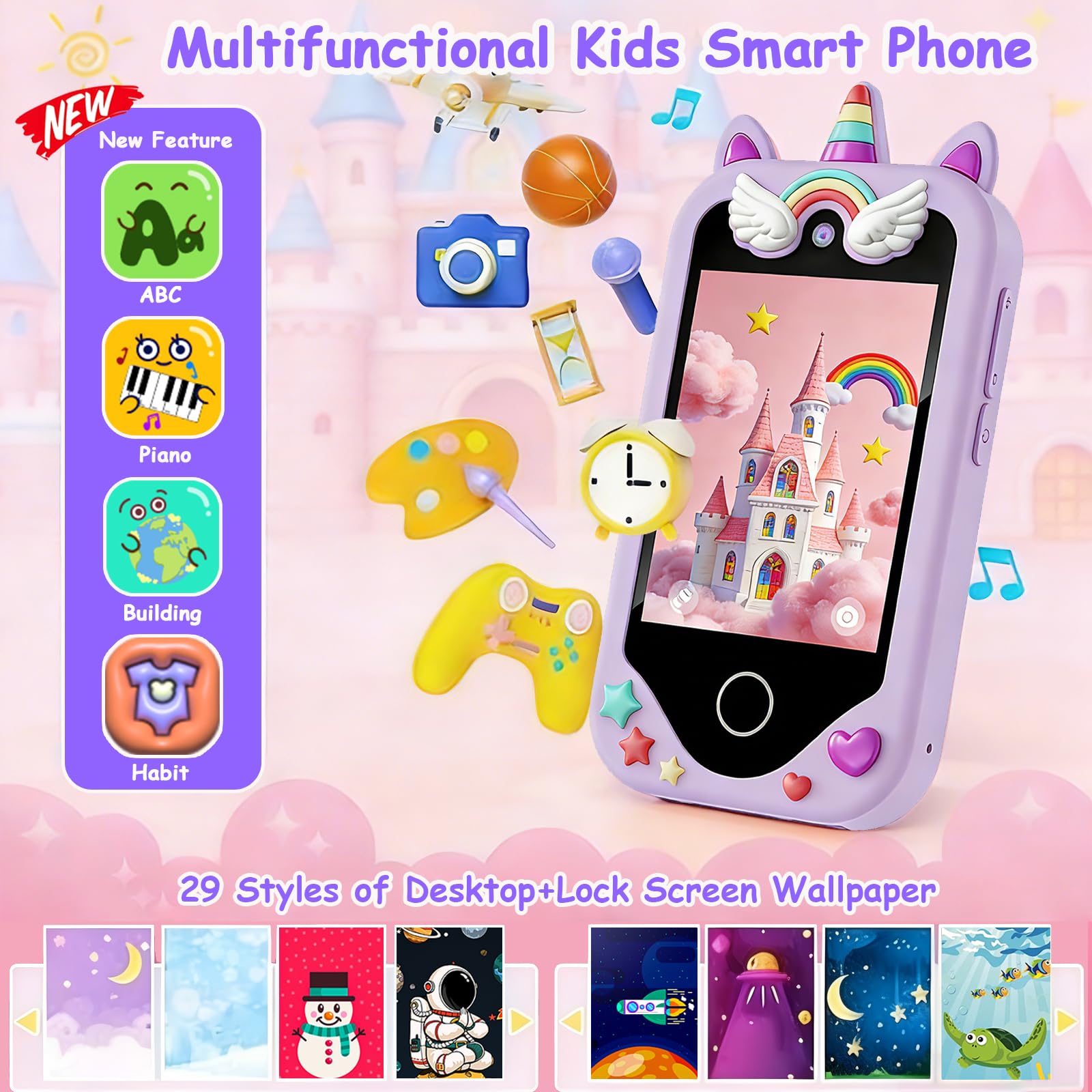 Kinder Smartphone für Mädchen, Kinder Telefon Spielzeug mit Touchscreen, Kinder Weihnachtsgeburtstagsgeschenk für Alter 3-8 Jahre alt, Dual-Kameras, Lernen, Musik-Player, Spiele, Lila