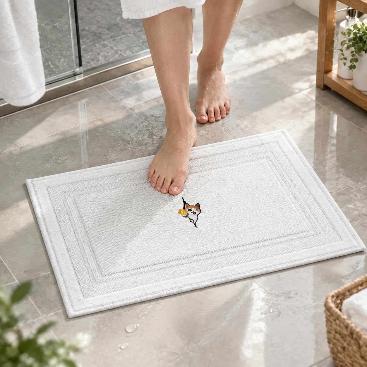 Alfombrilla Baño Algodón Lavable, Flores/Amarillo, 40x60CM