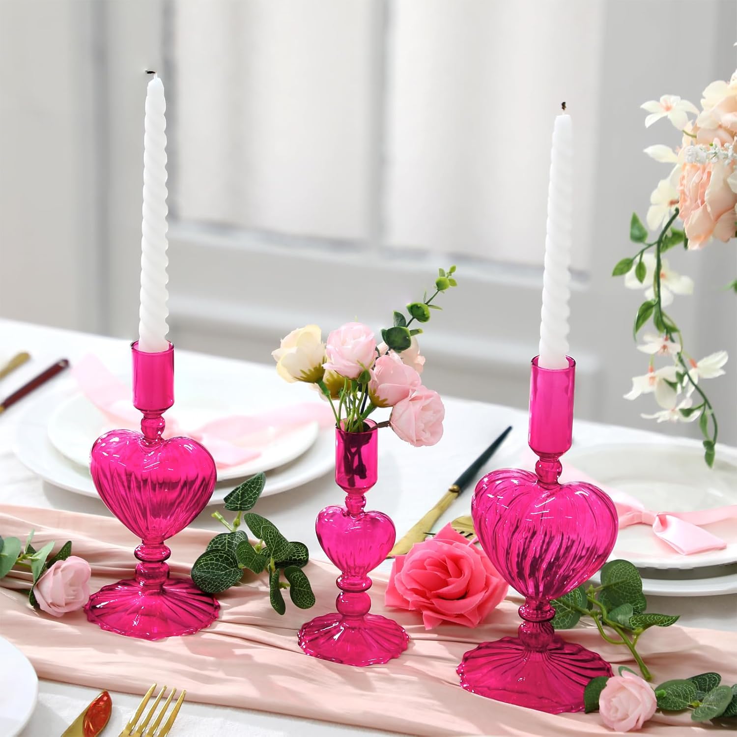 Maxdot 3 Pcs Hot Magenta Glass Candlestick Holders Heart Candle Holders Glass Taper Vase Decor Table Centerpieces for Wedding Receptions Anniversary Bachelorette Birthday Engagement Party Decorations