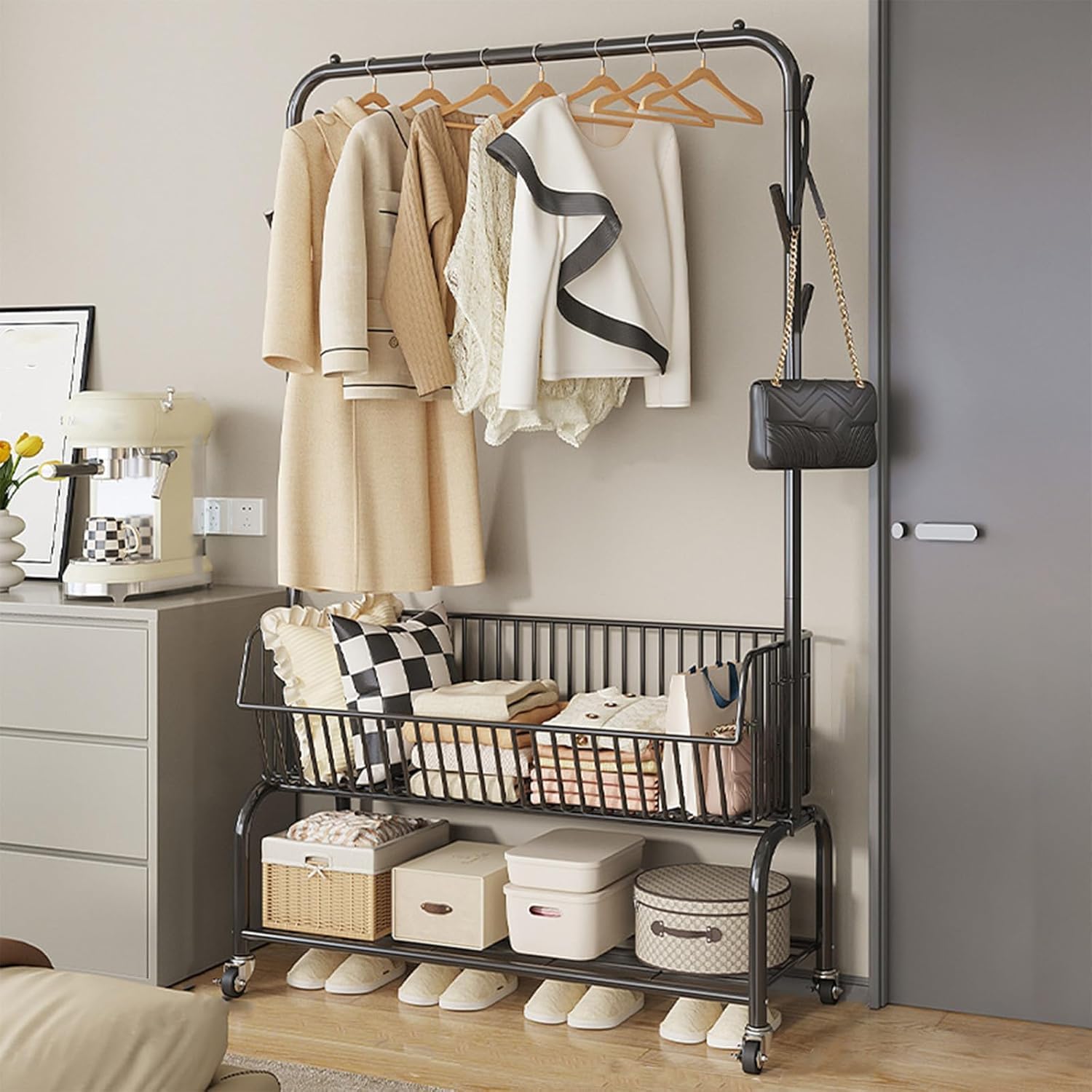 YNBSHGAA Metal Clothing Rack with Shelves Heavy Duty Garment Rack for Hanging Clothes,Blac-60cm