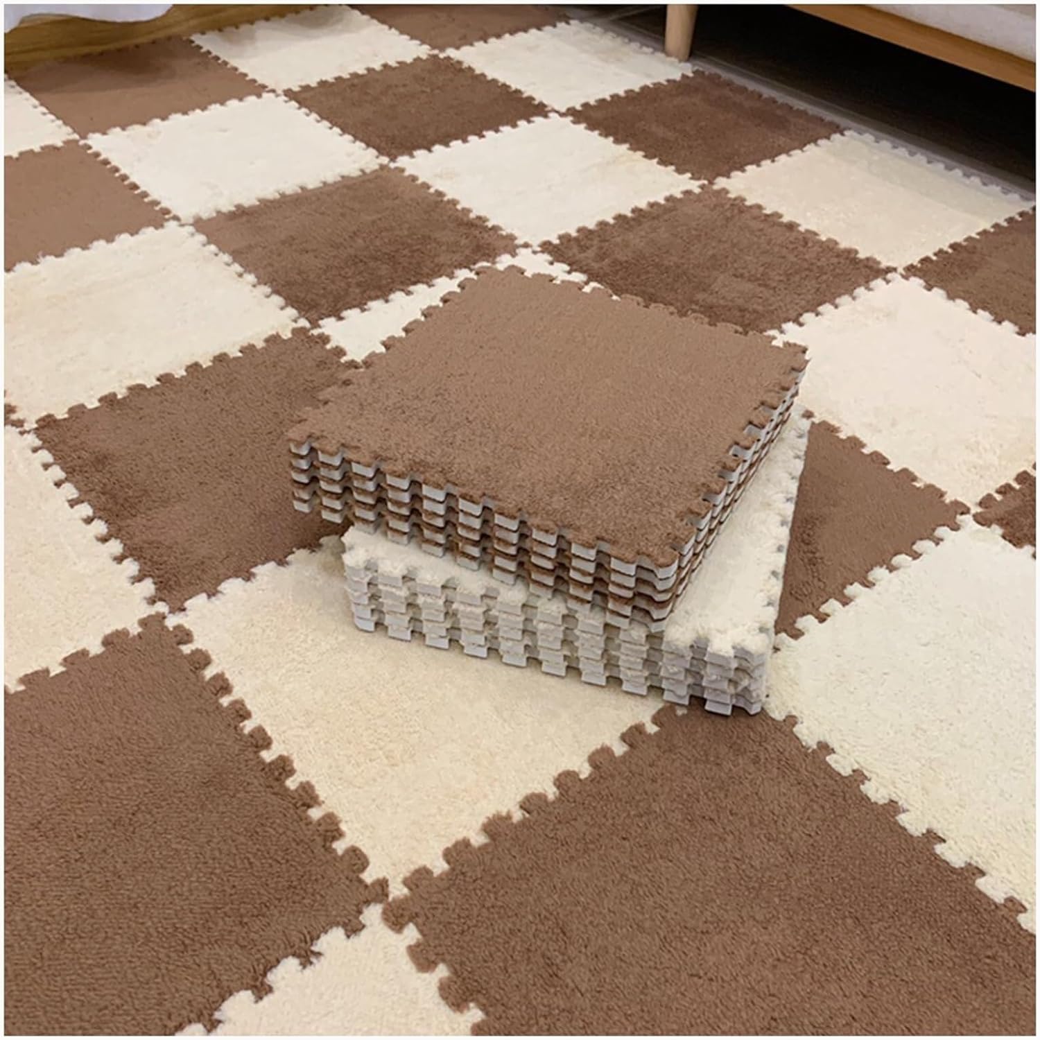 40pcs Shaggy Interlocking Foam Carpet Tiles Soft Thick 0.4" Fluffy Plush Foam Floor Mat Non-Slip Carpet Puzzle Mats(Apricot+Light Brown)