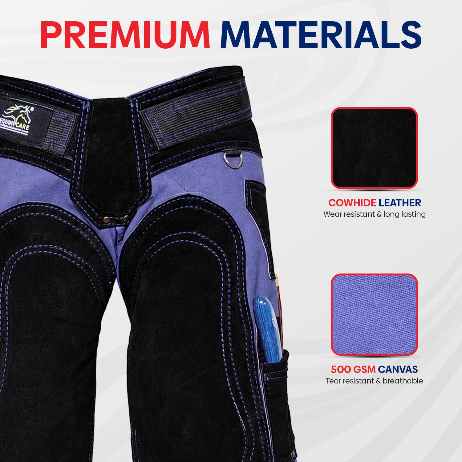 Equine Care Farrier Schürze Chaps – 58,4 cm bis 68,6 cm Rindsleder & 500 g/m² Canvas, verstellbare Taille 71,1 cm - 132,1 cm, Rückenstütze, 4 Hufmessertaschen & 2 Nagelmagnete (59 cm)
