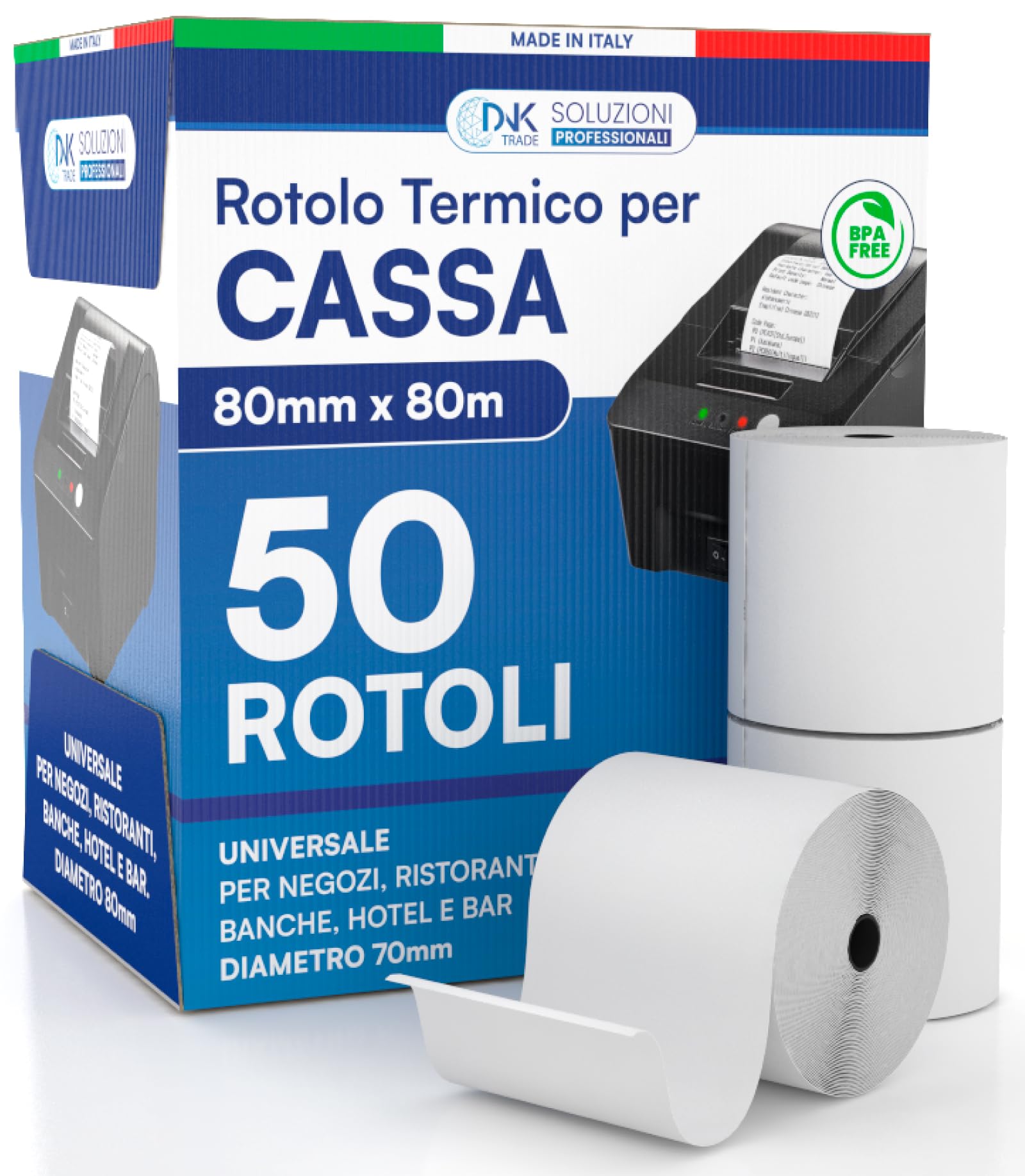Thermorollen für Registrierkassen – 50 Rollen aus zugelassenem Thermopapier 80 mm x 80 m, universal, hochwertig, mit Durchmesser 70 mm, BPA-frei, kompatibel mit Nexi Axerve Ingenico