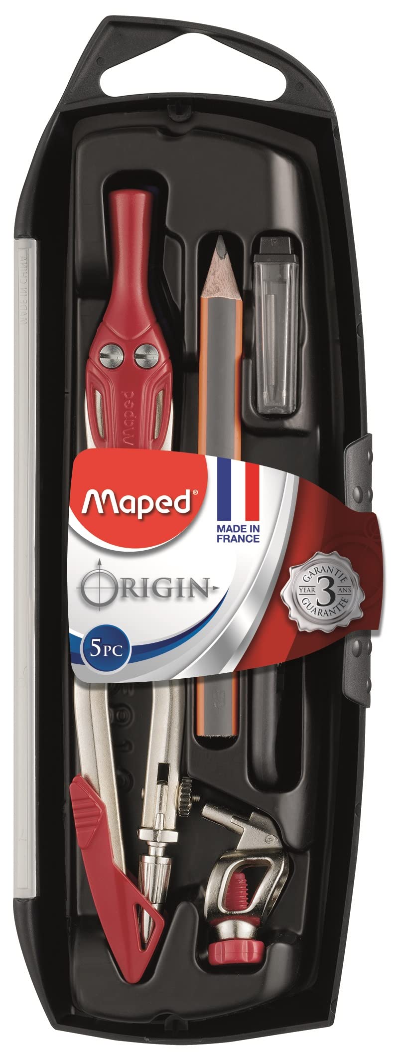 Maped - 5-Piece Origin Compass Set - Made in France - School Compass + Universal Ring + Mechanical Case + Mechanical Pencil + Mechanical Sharpener - with Lead + Steel Temples - Multicoloured