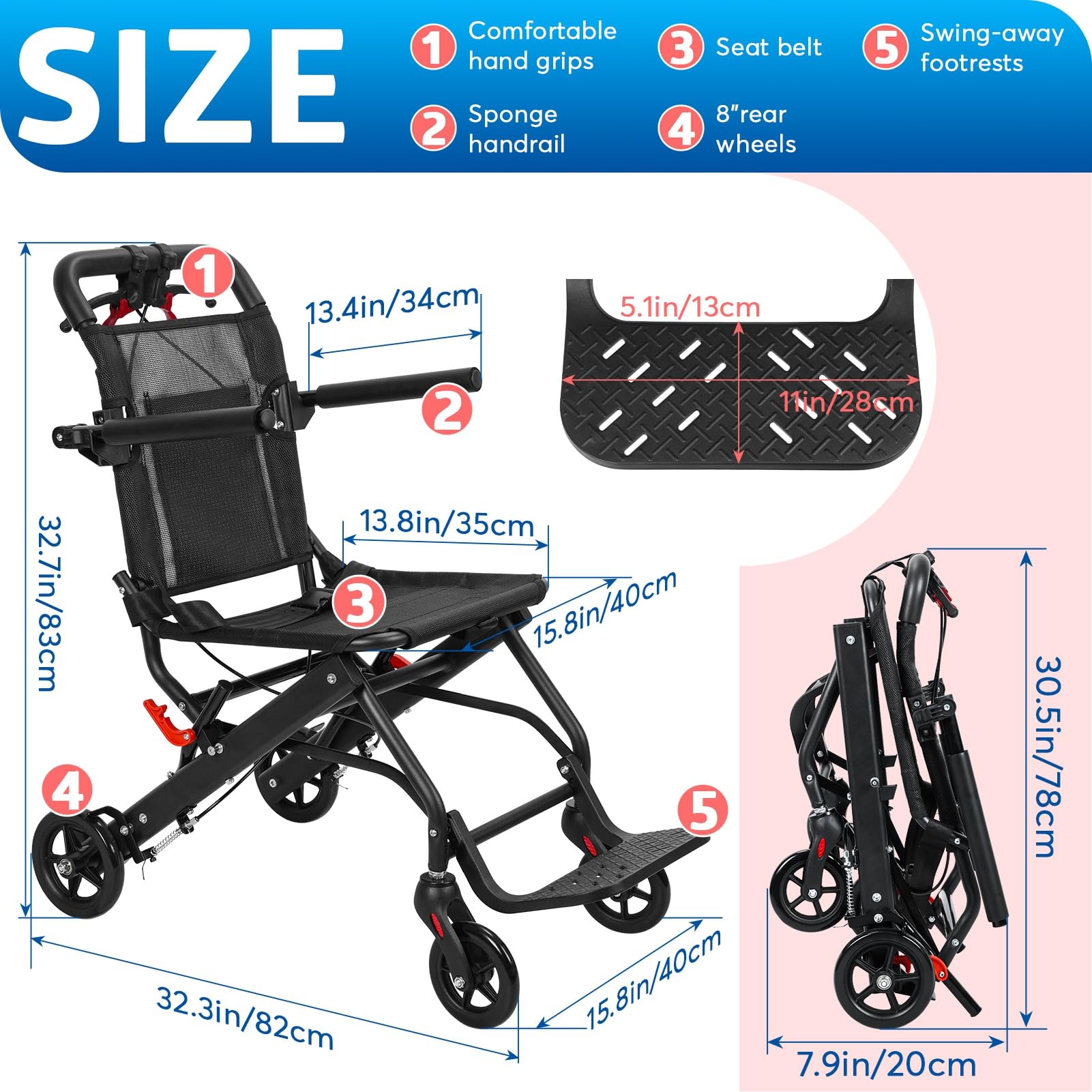 Ultralekki wózek inwalidzki 5,9 kg dla dorosłych, składany, aluminiowy, podróżny, przenośny, lekki wózek inwalidzki, z uchwytem hamulcowym, dla seniorów, obciążenie 130 kg (z torbą), czarny
