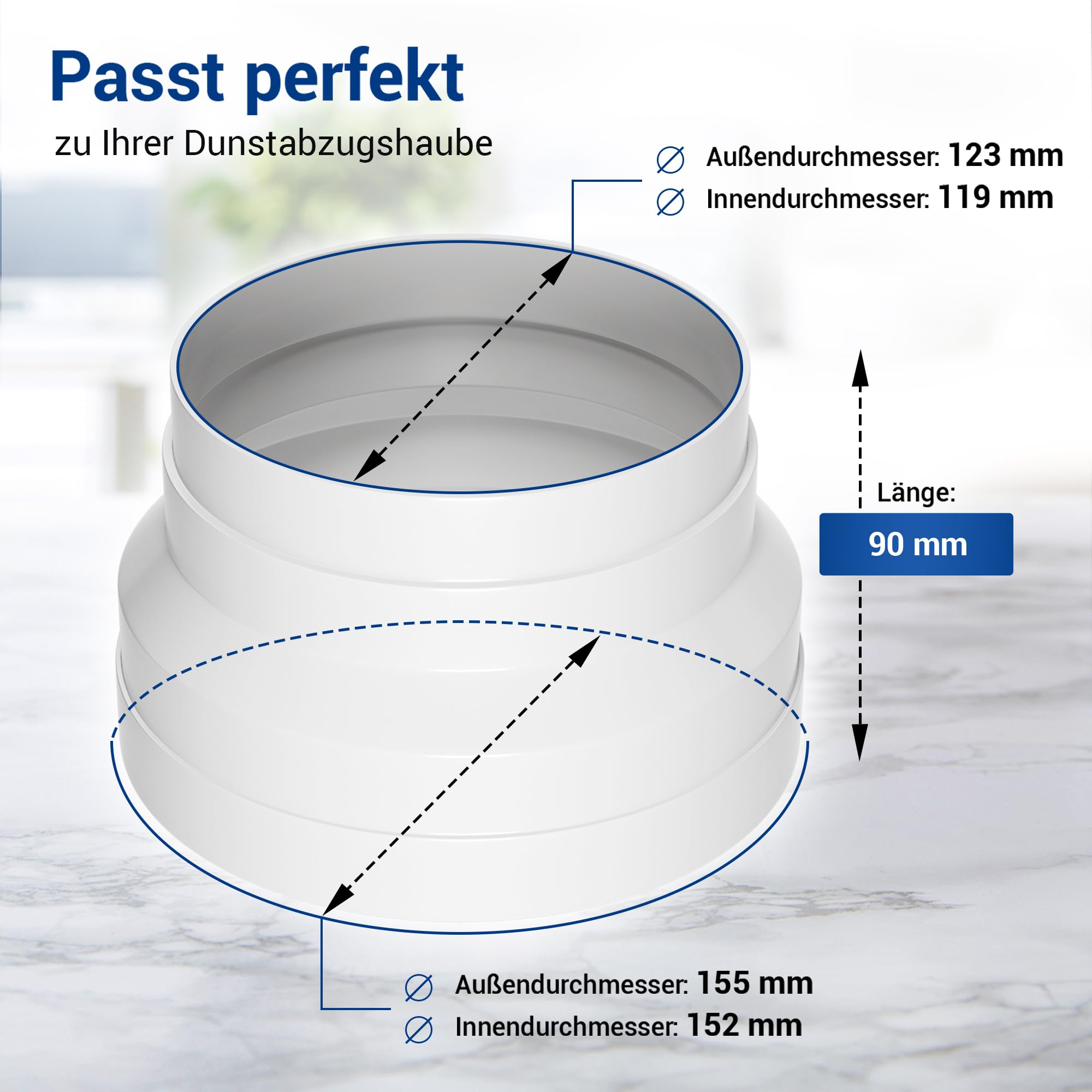 VIOKS Adapter węża wylotowego 150 do 125 mm + 1 obejma do węża 110-130 mm Ø + 1 obejma 140-160 mm Ø/ wąż wylotowy zestaw łączników do techniki wentylacji, okapu kuchennego, klimatyzacji