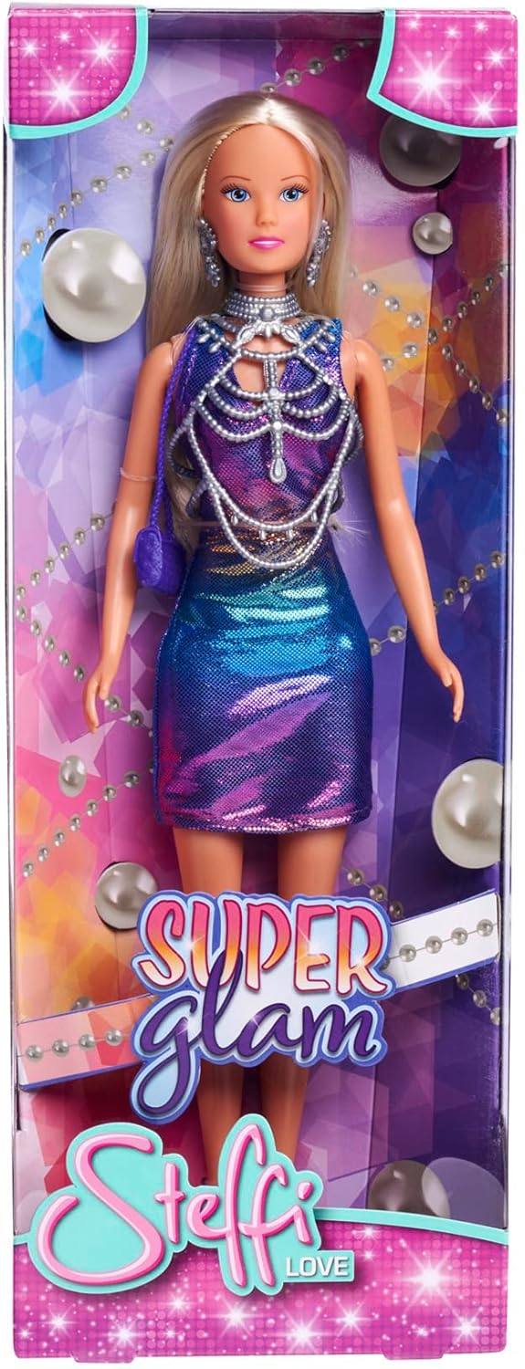 Steffi Love Super Glam, Steffi in Glitter Dress with Body Jewellery, Hair Clips, Earrings and Handbag, 29 cm Doll, Suitable for Ages 3 Years and Above