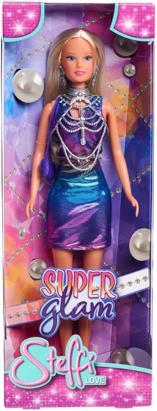Steffi Love Super Glam, Steffi in Glitter Dress with Body Jewellery, Hair Clips, Earrings and Handbag, 29 cm Toy Doll, from 3 Years