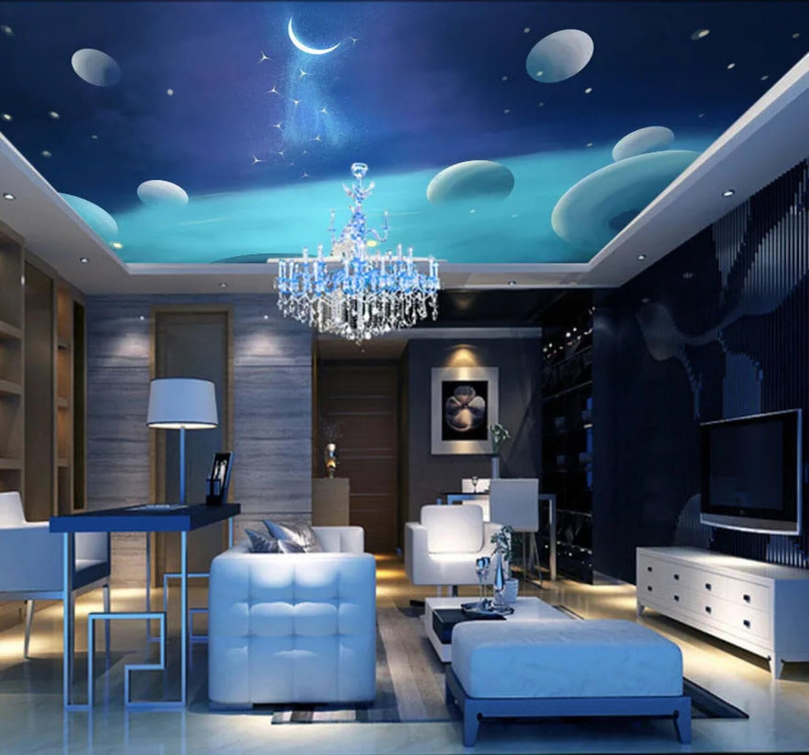 Wallpaper-3D-Xlm 250Cm×170Cm(B×H) Fresh Blue Planet Universe Moon 3D Wallpaper Easy Install Feature Office Living Room Sofa Bedroom Tv Background Wall Decoration-250Cm×170Cm