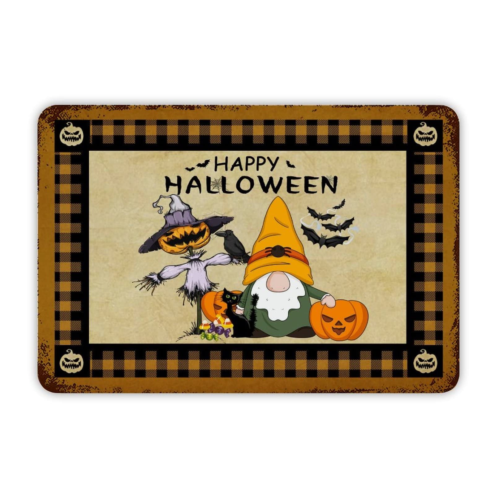 ENEDNATE Happy Halloween Gnome Black Cat Bat Spider Ghost Pumpkin Aluminum Tin Sign 8x12 Inch Waterproof Vintage Metal Sign for School Office Classroom Gate Garage Garden Home Wall Decoration Gifts