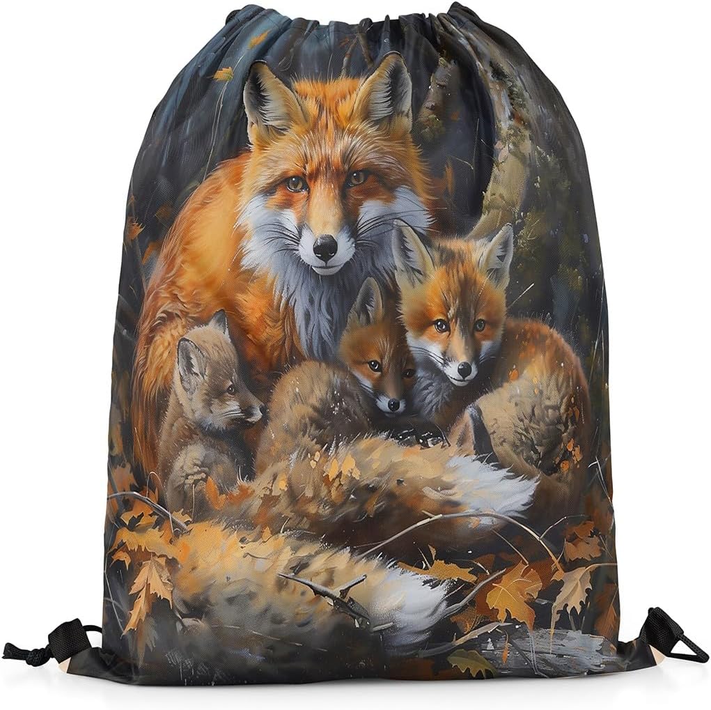Wild Fox Drawstring Gym Bag,Country Style Wildlife Foldable Waterproof Drawstring Backpack,Oil Painting Style Draw String Back Bag for Shopping,Swimming,Beach