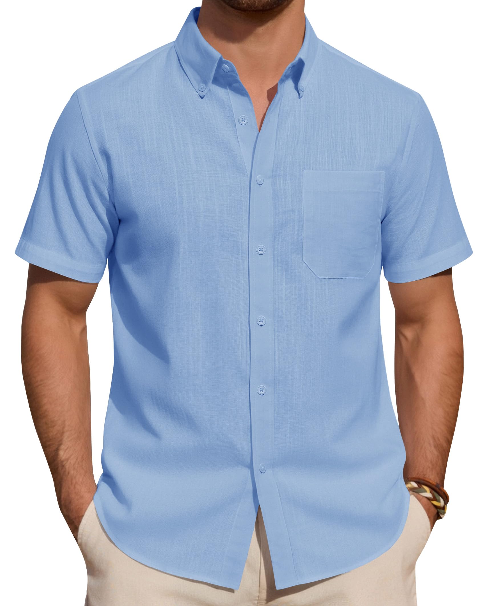 J.VER Leinenhemd Herren Kurzarm Hemd Sommer Freizeithemden Herren Casual Beach Shirts Regular Fit Männer Leinen Hemd Button Down Basic Men Shirts mit Brusttasche