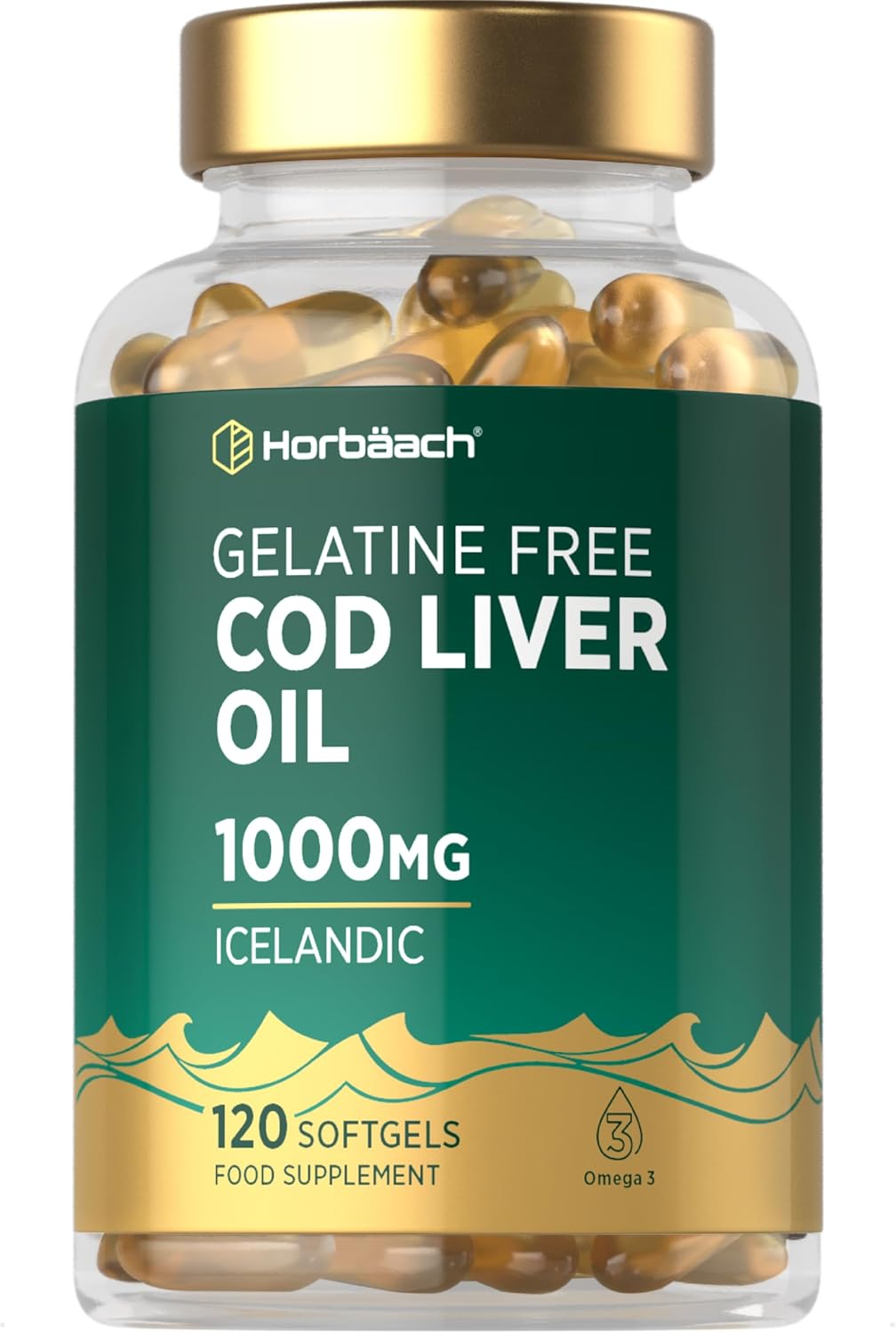 Cod Liver Oil Gelatine Free 1000mg | 120 Capsules | High Strength Supplement with Vitamin A, D and Omega 3 DHA/EPA | Suitable for Pescatarians | by Horbaach