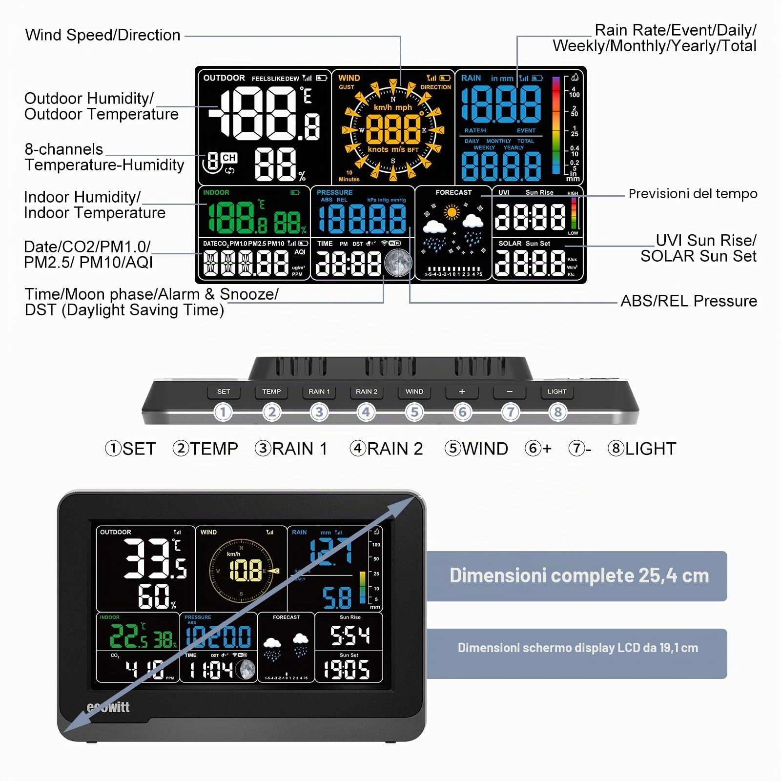 ECOWITT WIFI stazione meteo WS3912 con display LCD da 7,5 pollici per uso domestico, 3 in 1 Sensore meteo senza fili WS85 con pannello solare + un sensore di temperatura-umidità per esterni WN32