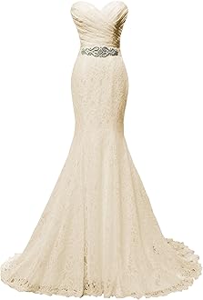 SOLOVEDRESS Women's Lace Wedding Dress Mermaid Evening Dress Bridal Gown with Sash (US 16 Plus, Champagne)