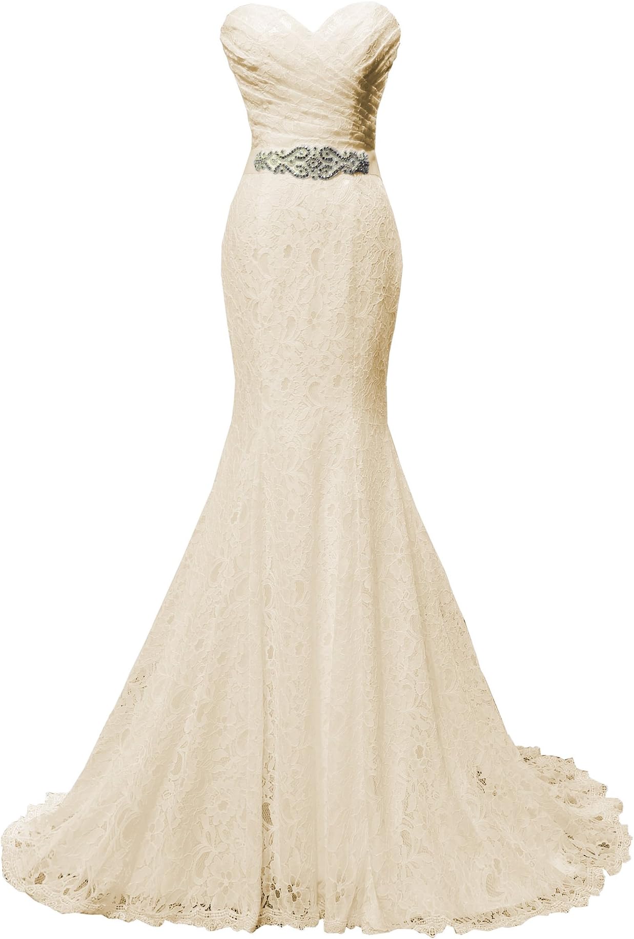 SOLOVEDRESS Women's Lace Wedding Dress Mermaid Evening Dress Bridal Gown with Sash (US 16 Plus, Champagne)