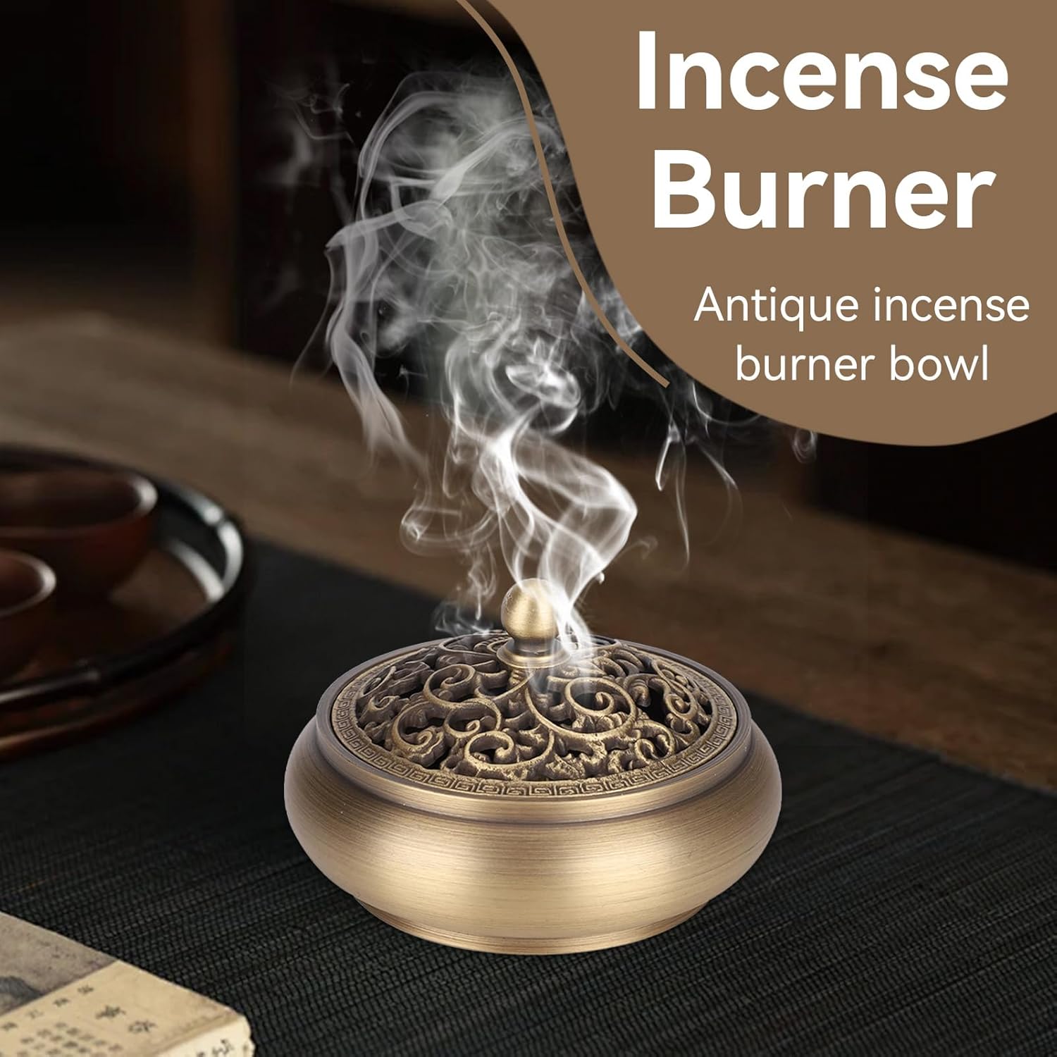 Brass Incense Burner with Lid, Antique Incense Holder Censer Incense Burner Bowl with Lid for Coils Stick Incense Home Office Decor Indoor Ornament Handicraft