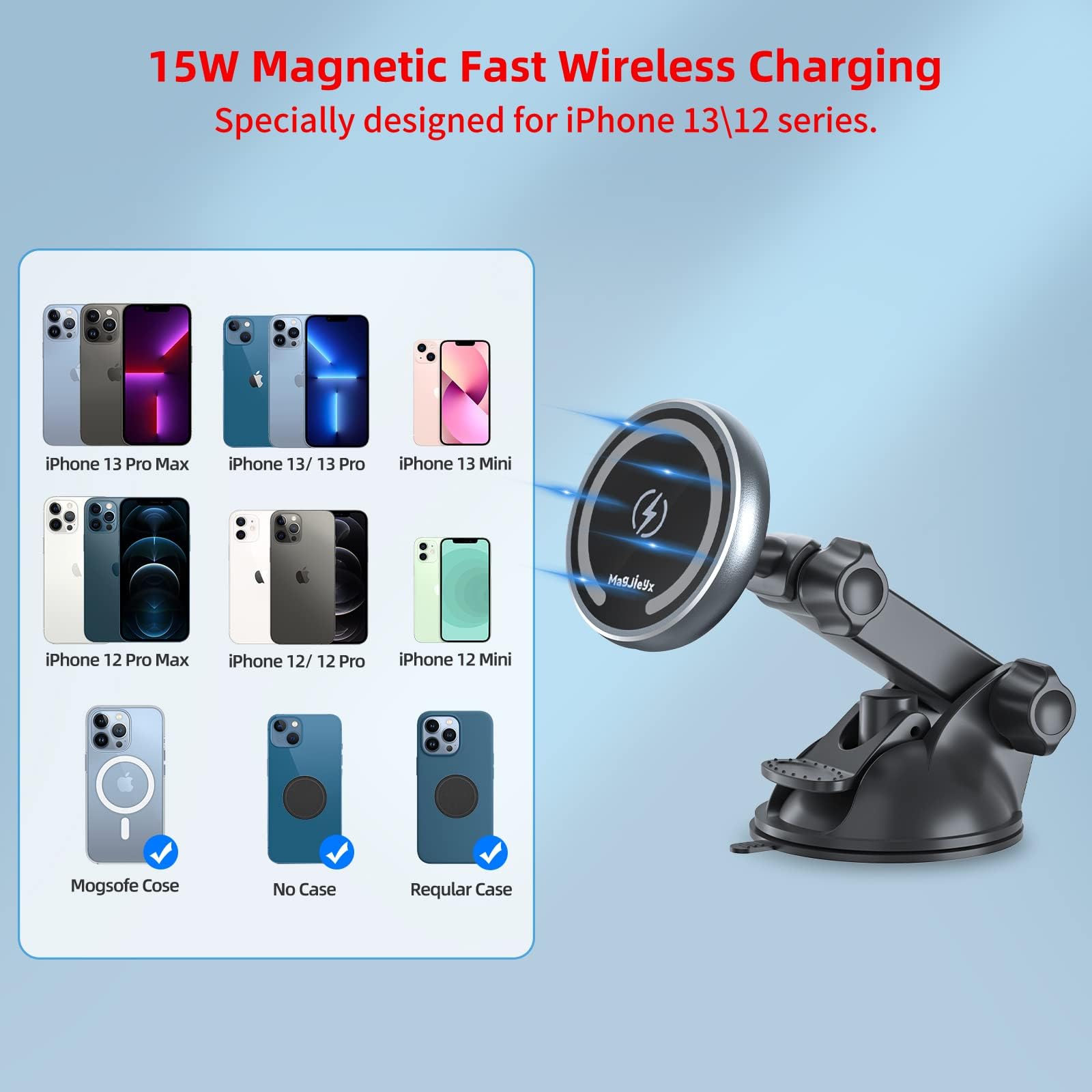 MAGJIEYX für Magsafe Autohalterung mit Ladefunktion, 15W Kabellose Schnellladen mit 38W QC 3.0 Ladegerät Starker Magnet 360° Drehung für iPhone 16 15 14 13 12 Serie Alle Smartphones Auto Zubehör