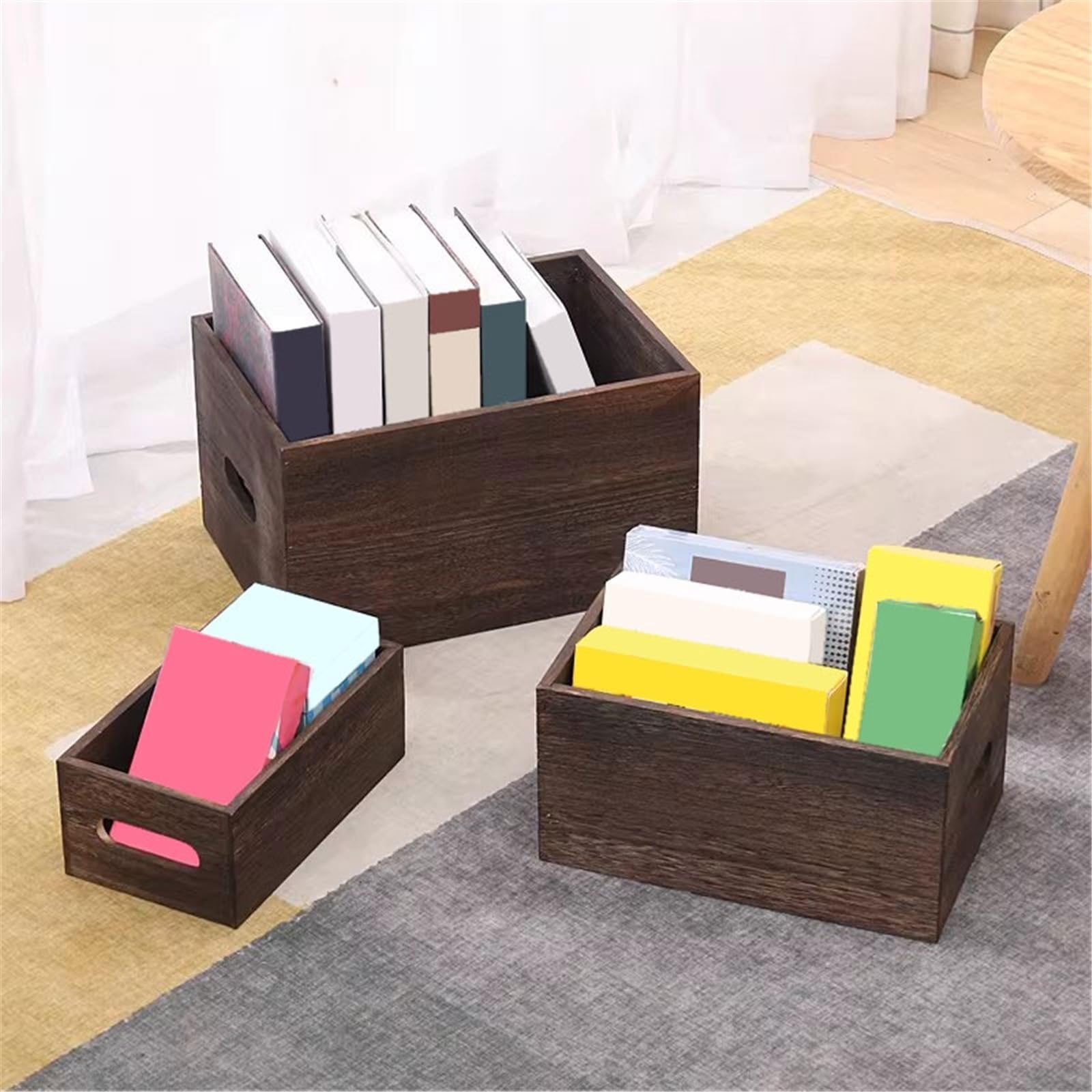 Unidad de estantería Caja organizadora de Discos Vinilo, estantería Madera con mostrador Retro, Caja Almacenamiento Asas Estantería(Pequeño)
